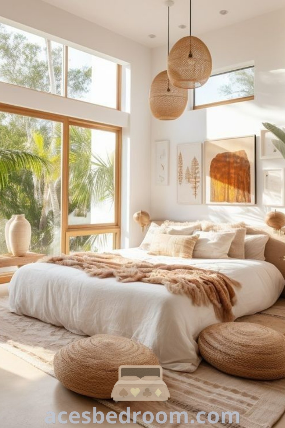 A modern boho bedroom featuring a large bed, two planters, and a window that invites natural light, embodying Bali style home decor. This bohemian bedroom decor offers unique design ideas, making it a cozy aesthetic that combines tropical inspirations with modern luxury. Discover more design ideas at acesbedroom.com.