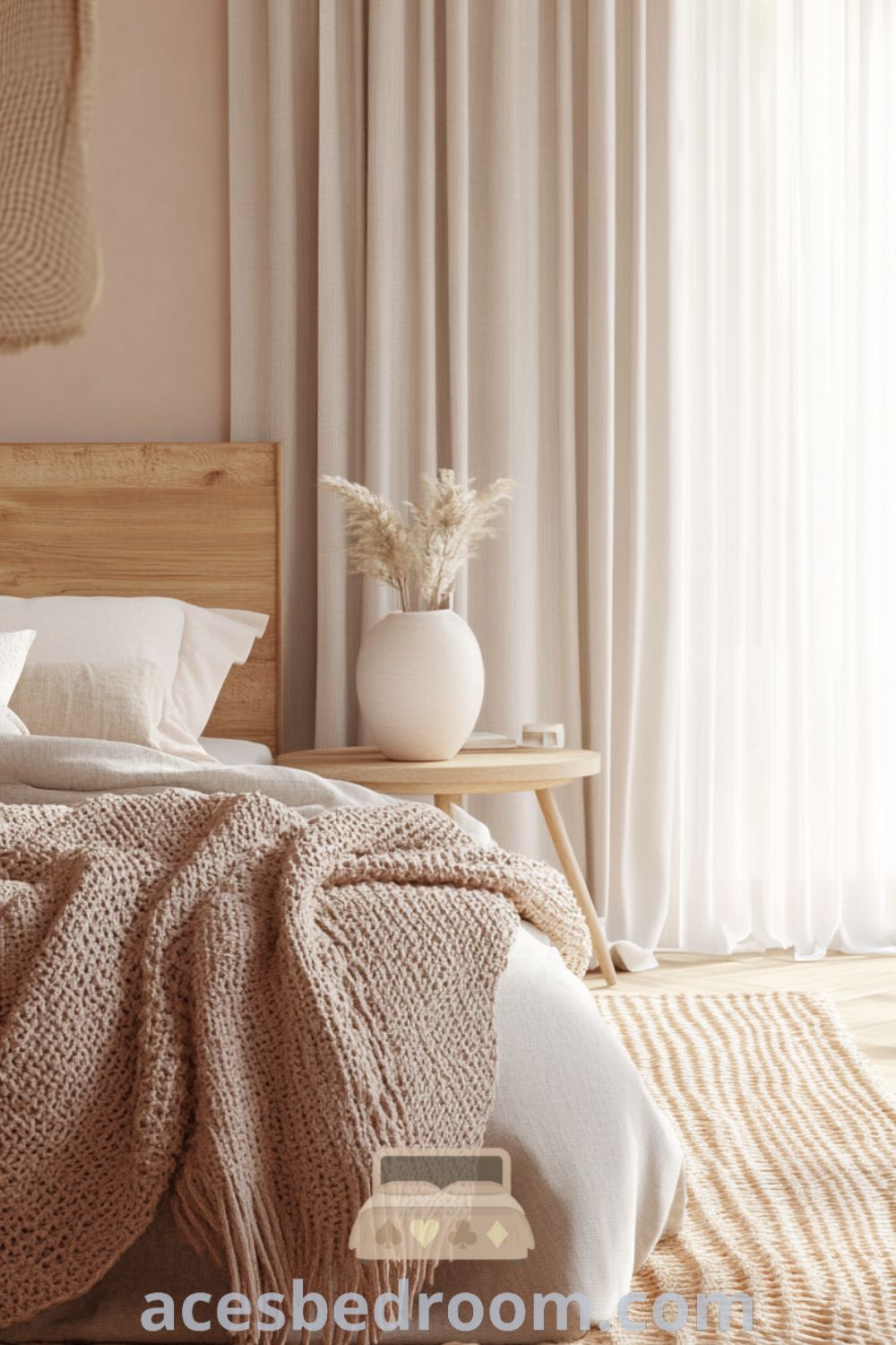 Cozy Scandinavian bedroom with soft pink walls, minimalist wooden furniture, a relaxing bed with knitted blanket and pastel pillows, large windows with sheer curtains, and a woven rug, showcased on acesbedroom.com.