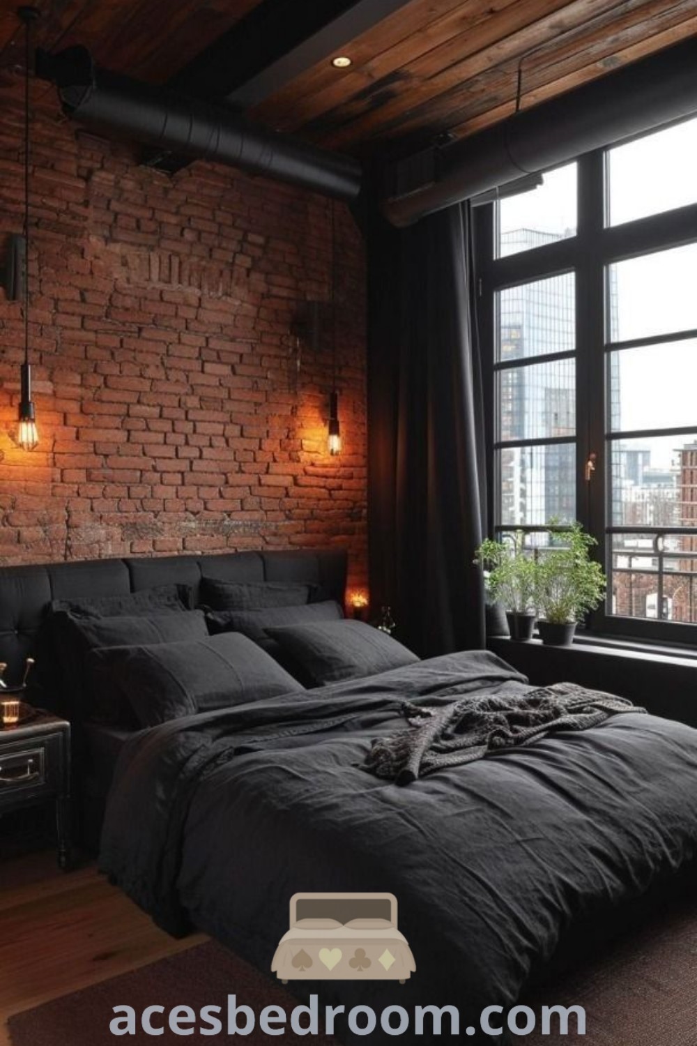 An industrial bedroom with brick walls and flooring, featuring a large bed in front of the window. This stylish design combines masculine and cozy elements with beige and brown decor inspirations. Explore more cozy ideas and unique designs at acesbedroom.com.