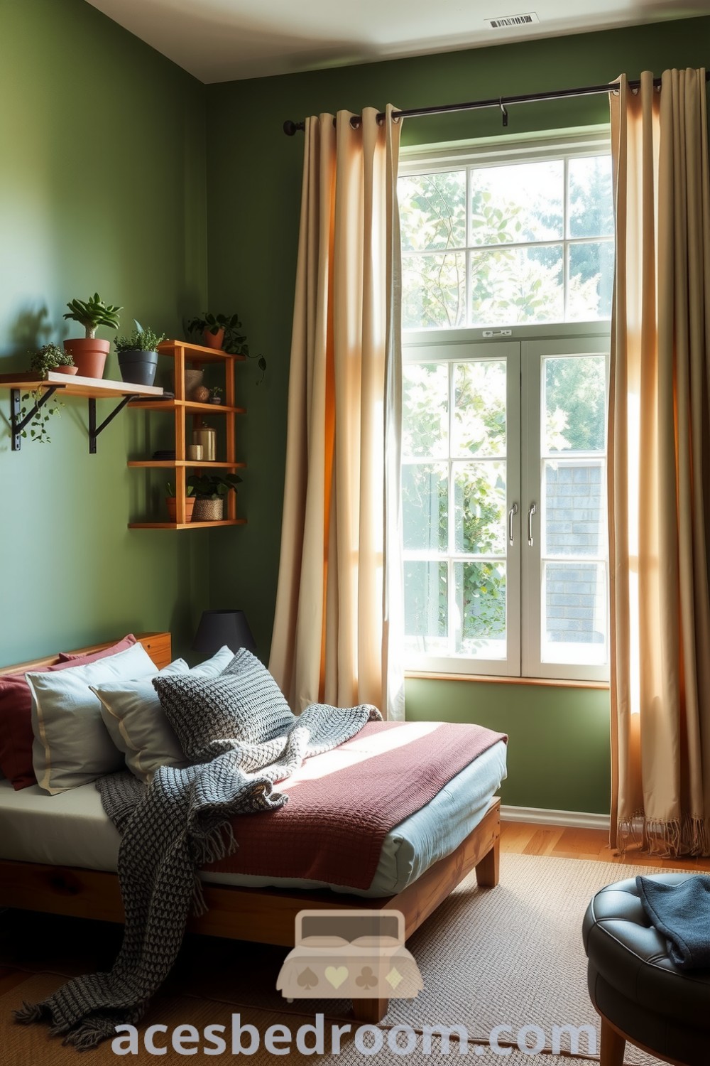 Cozy nature-inspired bedroom with green walls, wooden furniture, knitted blankets, potted plants, and natural light, showcasing inviting decor ideas that create a serene atmosphere for relaxation, featured on acesbedroom.com.