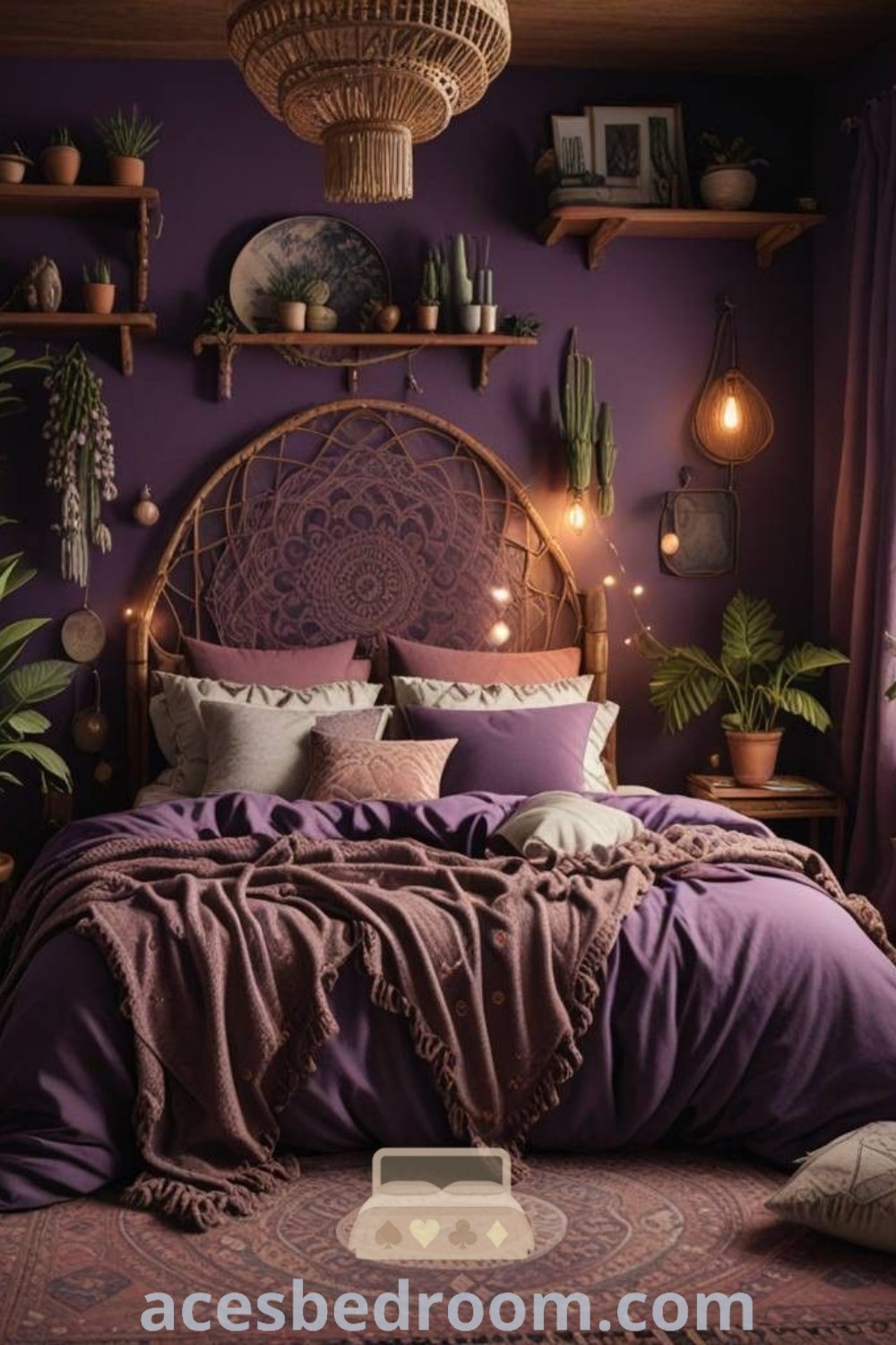 A dark moody witchy bedroom with purple walls and lush plants, showcasing cozy design ideas and earthy decor inspirations. This inviting space exemplifies a blend of modern witch aesthetics and unique ideas, offering a warm and sophisticated look. Explore more inspirations at acesbedroom.com.