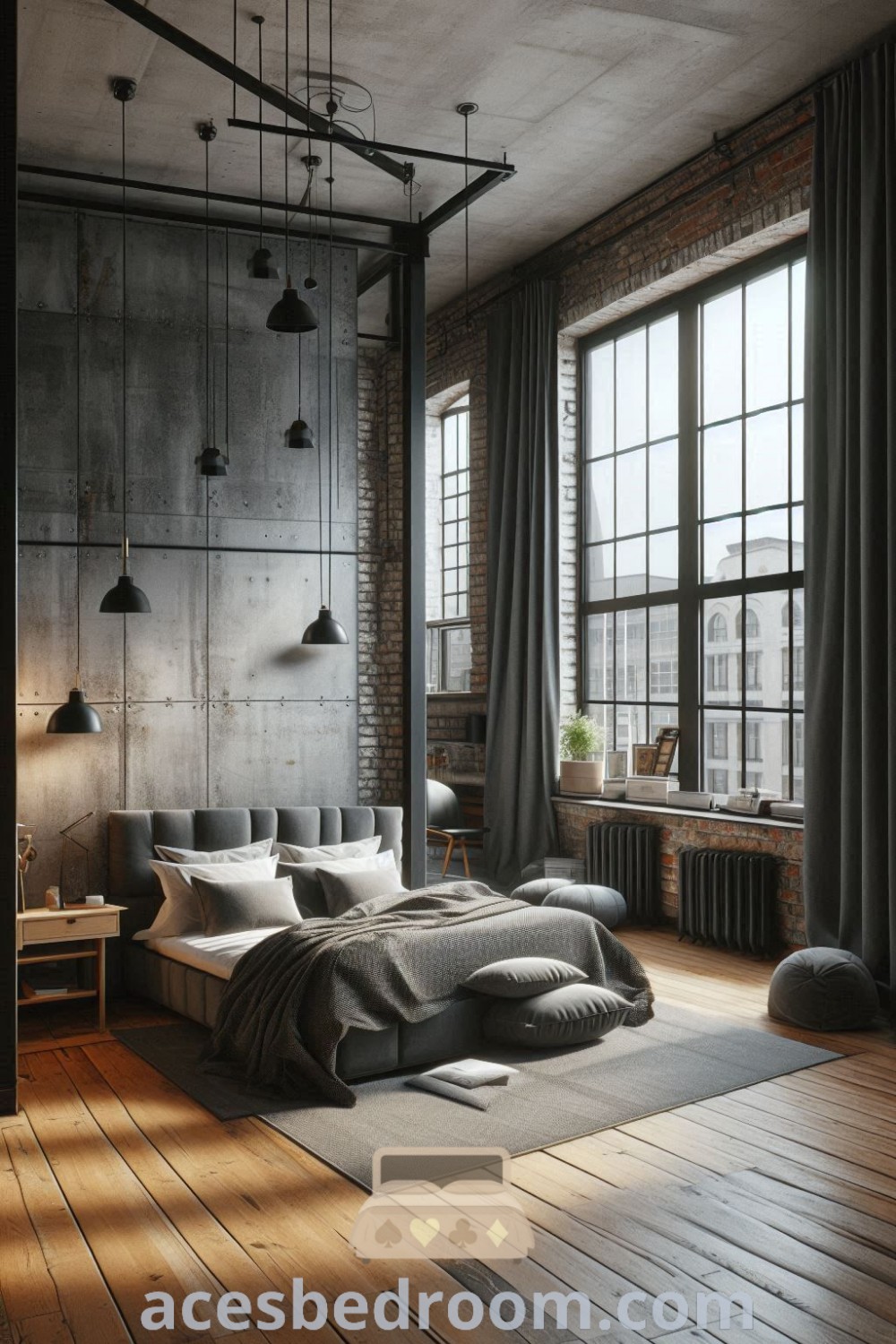 A stylish industrial loft bedroom showcasing grey tones and exposed materials, perfect for modern industrial bedroom design enthusiasts. This cozy home space offers unique ideas and decor inspirations for aesthetic comfort. Discover more decor ideas at acesbedroom.com.
