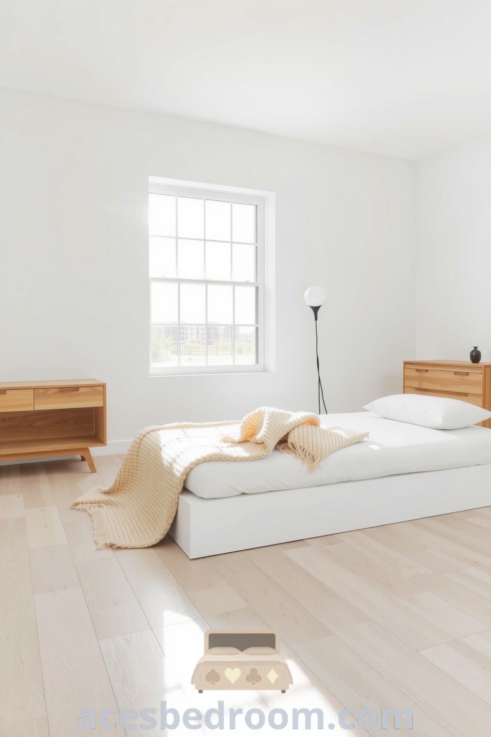Cozy minimalist bedroom with a white platform bed, soft-hued walls, an inviting knit throw, and light wood floors, providing a serene ambiance and stylish decor inspirations, showcased on acesbedroom.com.