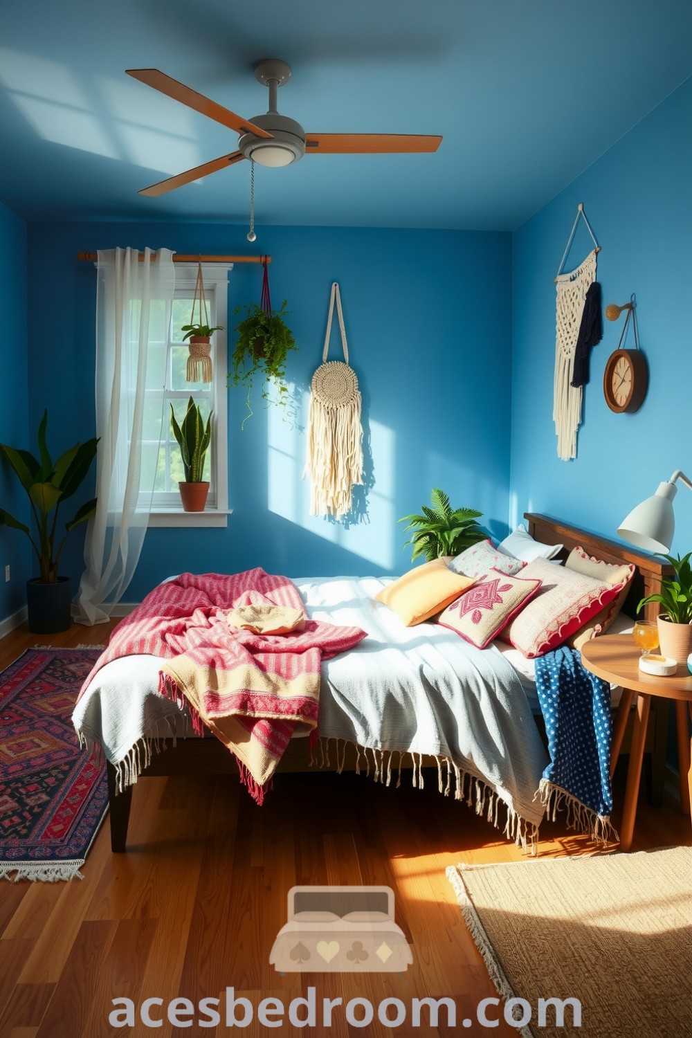 Cozy boho bedroom featuring a wooden bed frame, patterned throws and cushions in earthy tones, macramé wall hangings, potted greenery, and layered rugs, designed for a warm and sophisticated look and showcased on acesbedroom.com.