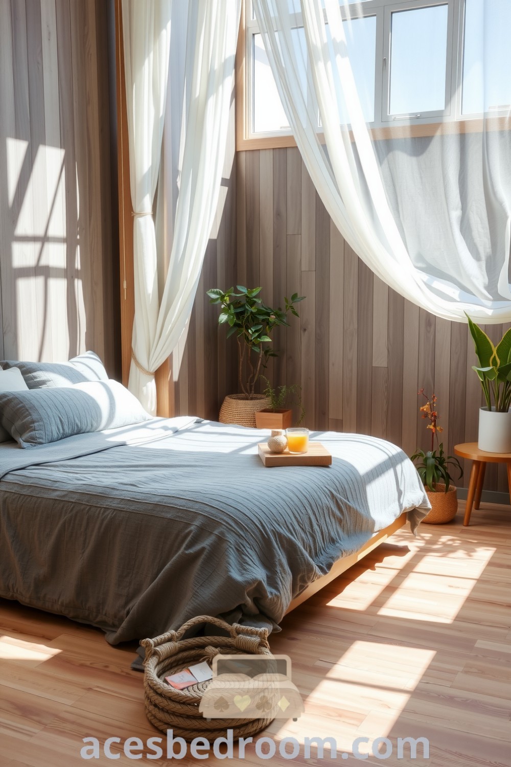 Cozy Japandi bedroom design with grey wooden accent walls, minimalist furniture, plush grey duvet, decorative pillows, and potted plants, creating a tranquil atmosphere ideal for relaxation, featured on acesbedroom.com.