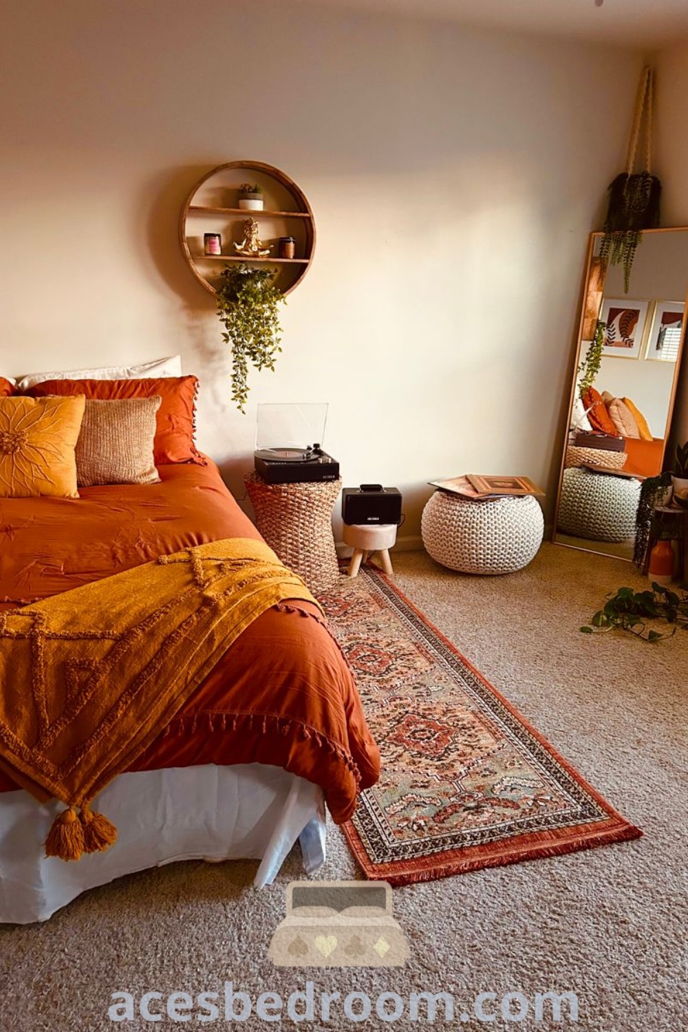 A chic bedroom showcasing a stylish bed, contemporary mirror, and decorative rugs, reflecting cozy room decor ideas. This cozy aesthetic inspires apartment decor inspirations and unique design ideas for your home, perfect for a warm and inviting atmosphere. Discover more at acesbedroom.com.