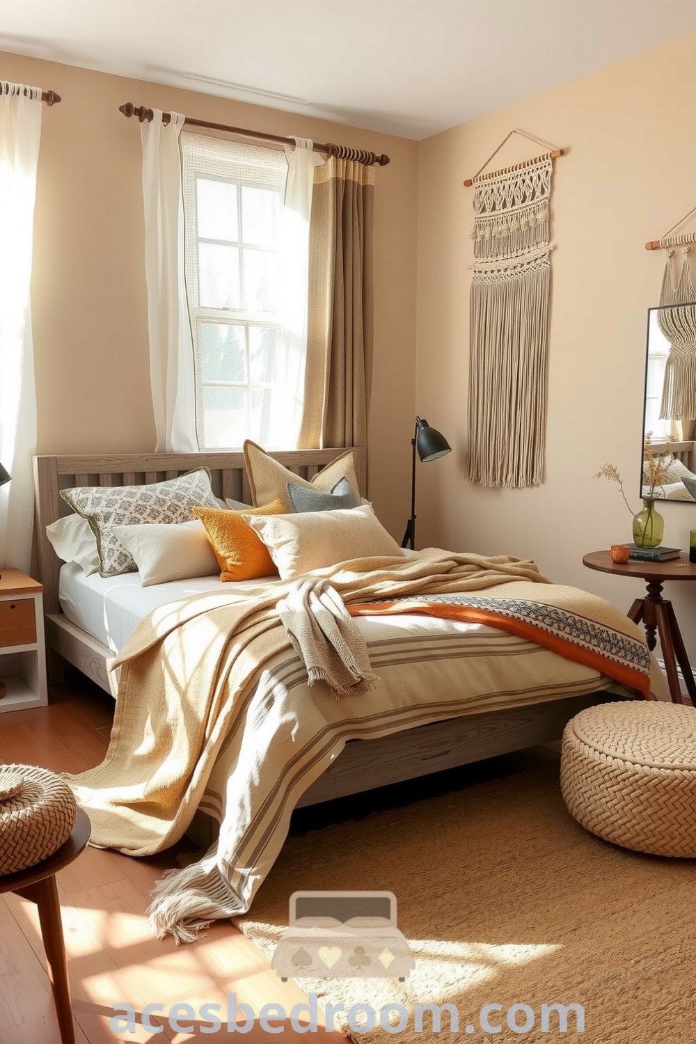 Cozy boho bedroom featuring beige walls, a weathered wooden bed frame with patterned quilts and textured pillows, macramé wall hangings, sheer curtains, and a natural jute rug, offering stylish and inviting decor ideas for a warm and sophisticated look, showcased on acesbedroom.com.