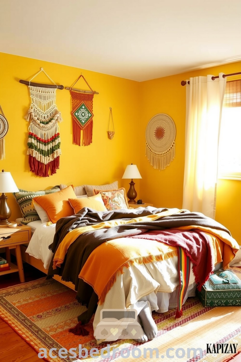 Cozy boho bedroom featuring soft yellow walls, macrame wall hangings, layered textiles in earthy tones and vibrant mustard, a reclaimed nightstand, and a woven rug, complemented by sunlight filtering through flowing curtains, showcased on acesbedroom.com.