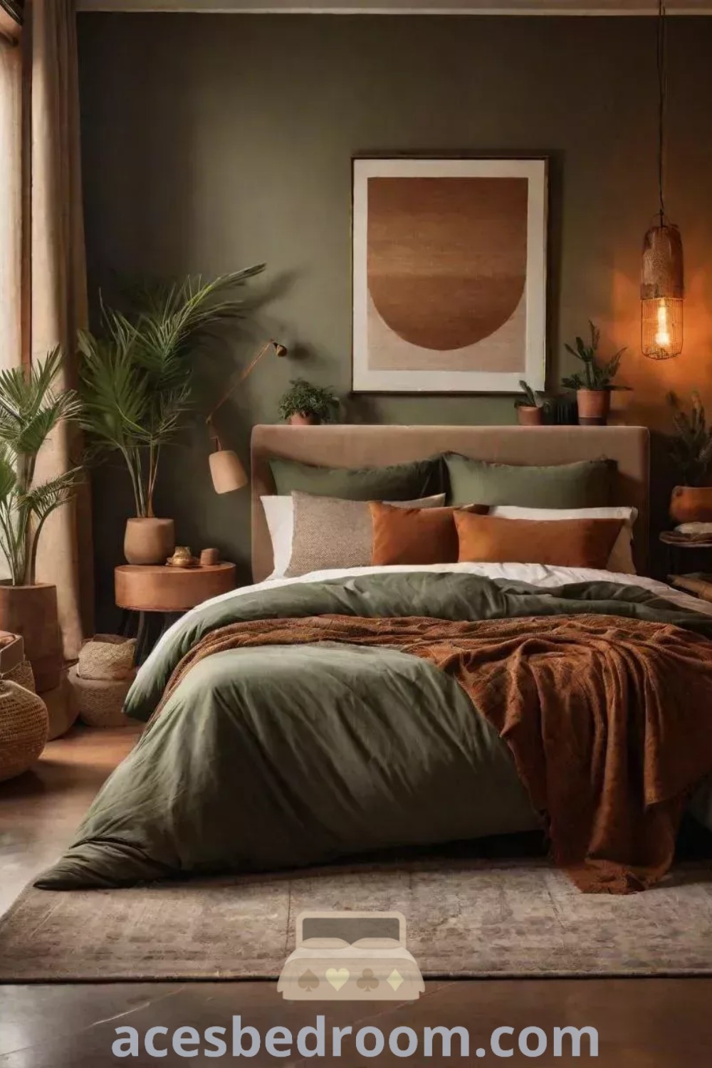 A cozy bedroom with green sheets and pillows, enhanced by potted plants on the walls, showcasing earthy bedroom design ideas for a warm and sophisticated look. This green bedroom decor inspires a calming atmosphere, perfect for a refreshing bedroom aesthetic. Explore more cozy ideas at acesbedroom.com.