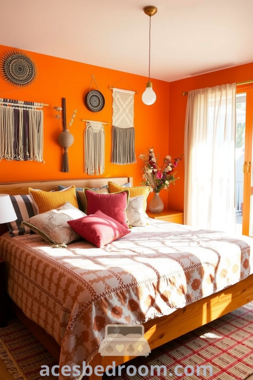Cozy Boho bedroom with warm orange tones, a wooden bed frame, patterned duvet, mismatched pillows, woven wall hangings, and dried flowers, creating an inviting atmosphere for relaxation, showcased on acesbedroom.com.
