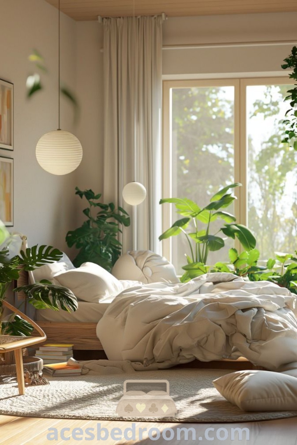 A cozy bedroom filled with various house plants in the windows and on the floor, featuring an unmade bed and minimalist decor elements. This plant bedroom offers inspiring ideas for greenery, plant shelving, and decor that creates a warm and sophisticated look. Discover more design tips at acesbedroom.com.