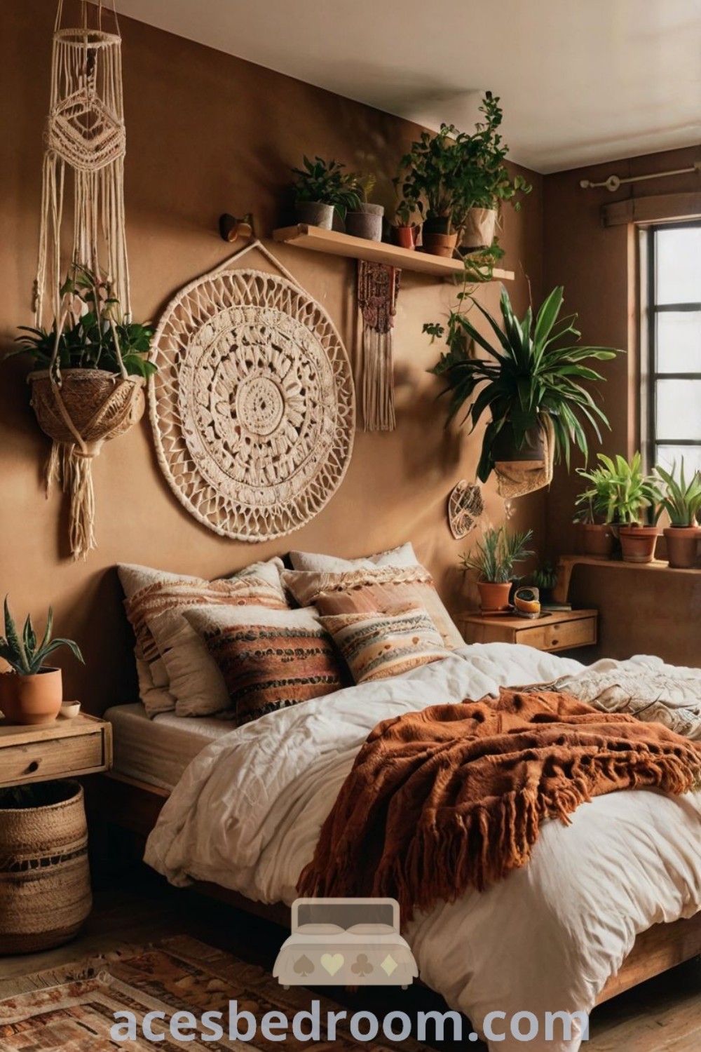 A cozy bohemian bedroom featuring a bed with pillows, blankets, and an array of potted plants, showcasing stylish decor ideas that inspire warmth and tranquility. This scene emphasizes the cozy aesthetic, perfect for small spaces and modern boho setups. Discover cozy home inspirations at acesbedroom.com.