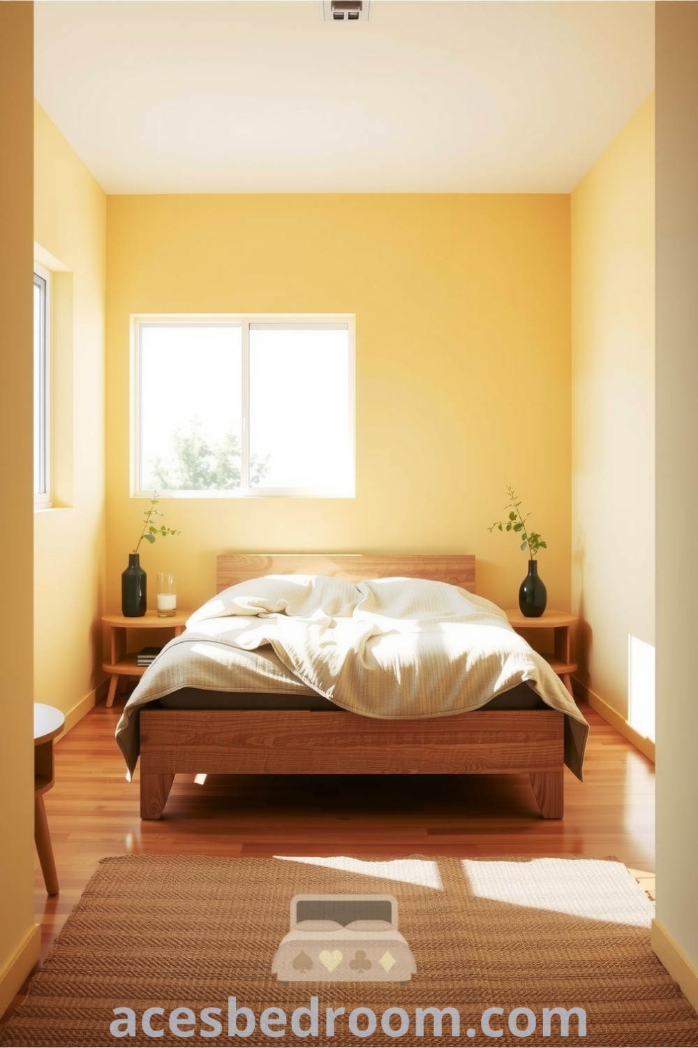 Cozy Japandi bedroom showcasing warm yellow hues, a low-profile wooden bed, natural fiber duvet, minimalist nightstands with greenery, and a woven rug, all bathed in sunlight, for inspiring design ideas that will instantly calm your mind displayed on acesbedroom.com.