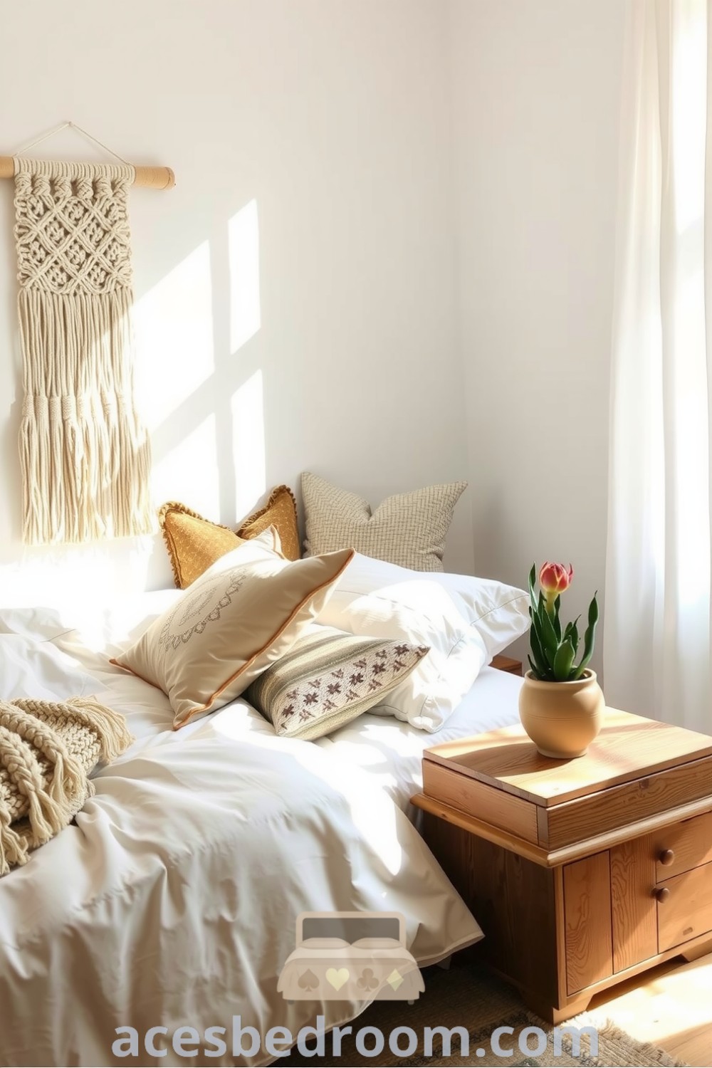 Cozy boho bedroom featuring soft whites, intricate macramé wall hangings, a fluffy duvet with earth-toned pillows, rustic wooden bedside table, and filtered sunlight from sheer curtains, for a warm and sophisticated look, showcased on acesbedroom.com.
