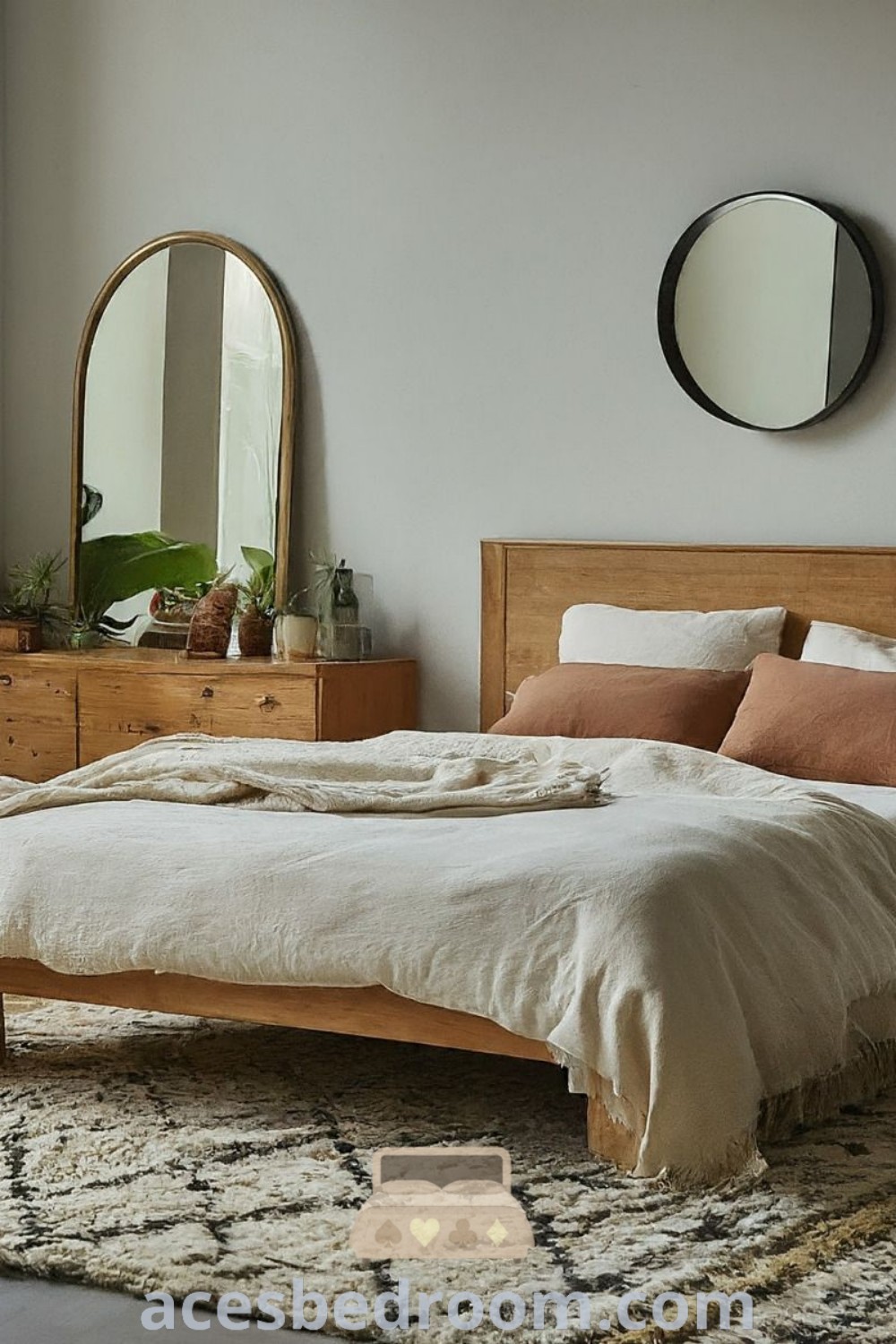 A cozy bedroom showcasing a wooden bedframe, dressers, and a wall-mounted mirror, ideal for creating a peaceful and organized atmosphere. This setup offers stylish Scandinavian interior bedroom ideas and decor inspirations, making your home a warm haven. Explore more design ideas and inspirations at acesbedroom.com.