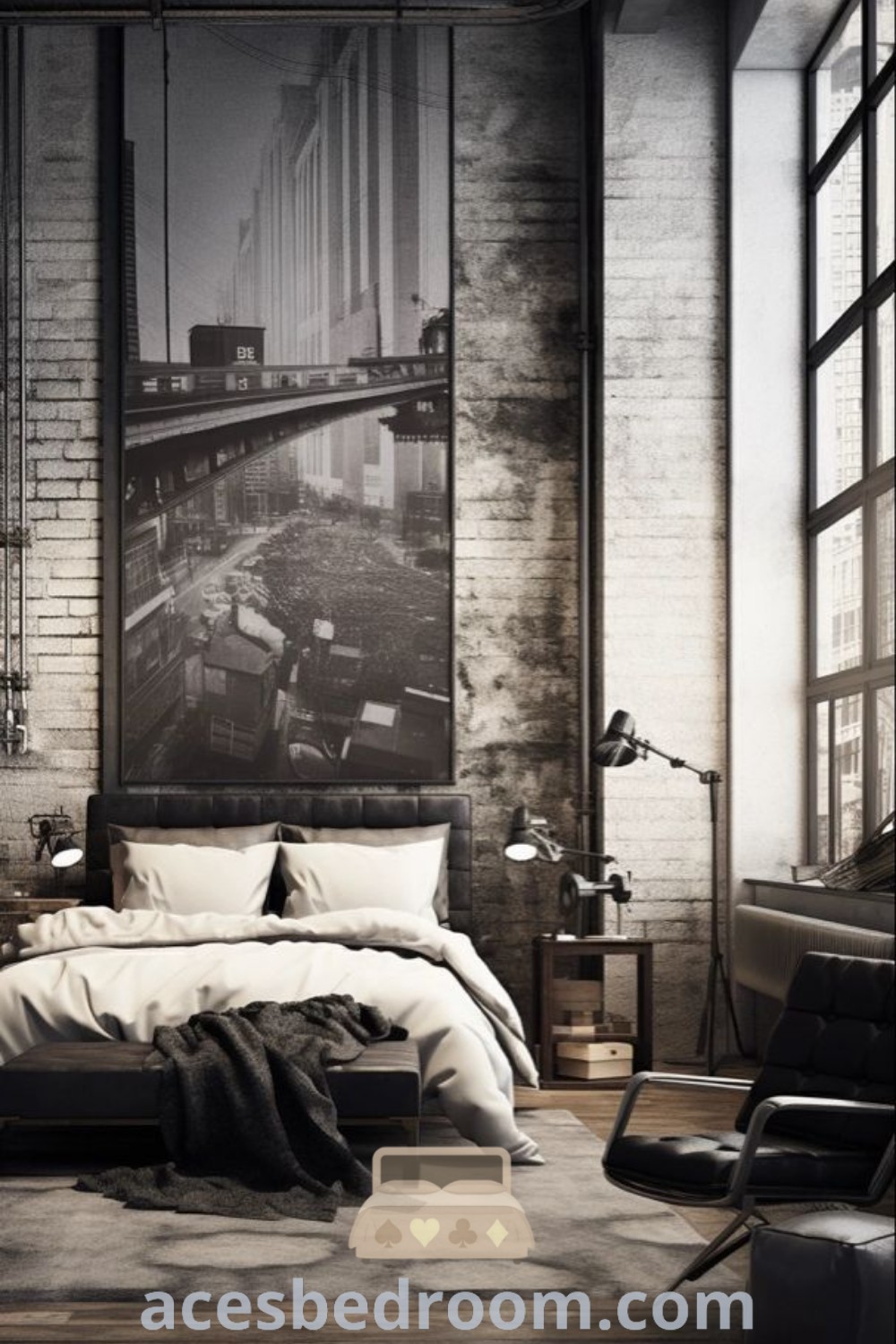 A modern industrial bedroom showcasing a blend of greys, iron black, and white, with rough materials and sleek modern elements. This cozy space offers decorating ideas for a warm and sophisticated look, highlighting industrial style design inspirations for your home. Discover more unique ideas at acesbedroom.com.