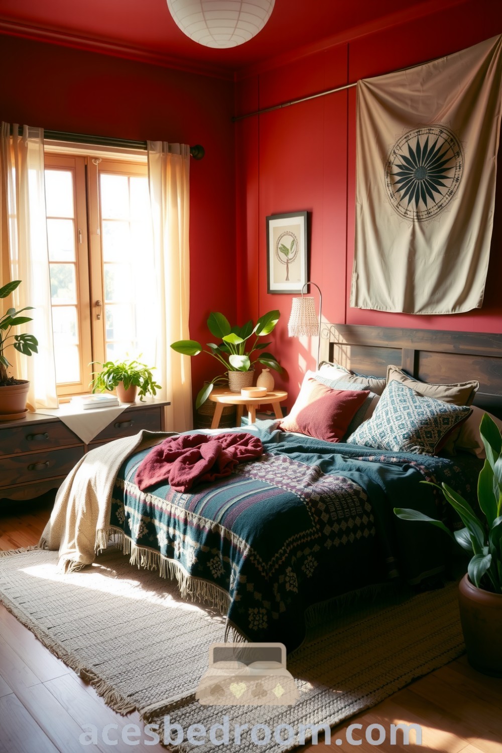Cozy boho bedroom with red walls, plush oversized bed with eclectic throws, vintage wooden dresser, sheer curtains, potted plants, and soft-woven rug, showcased on acesbedroom.com.