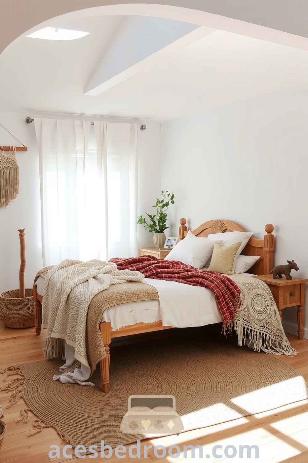 Cozy boho bedroom featuring vintage wood bed, textured throws, macramé accents, jute rug, and billowy curtains for a warm and inviting atmosphere, showcased on acesbedroom.com.
