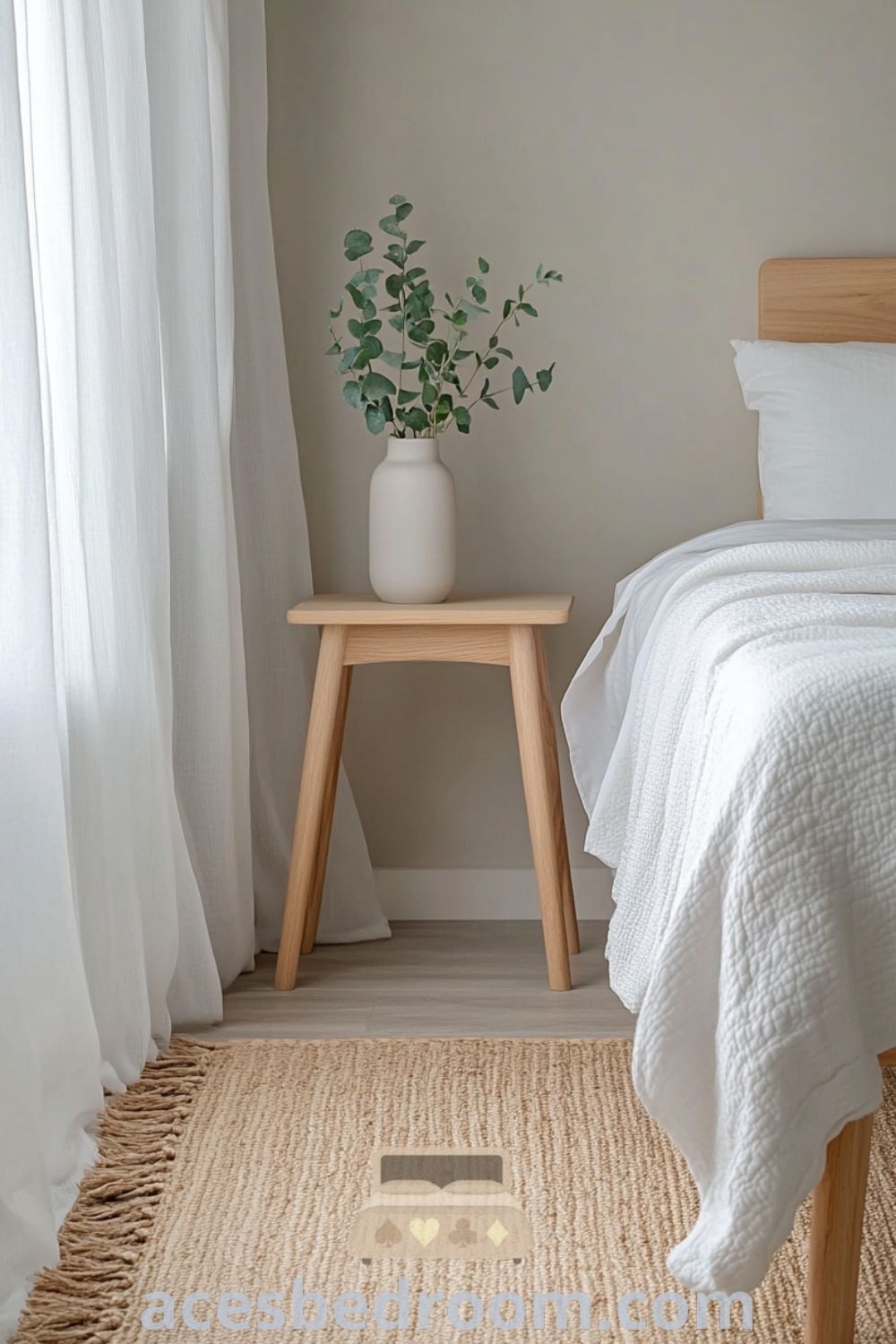Serene minimalist bedroom design on acesbedroom.com showcasing soft textures, calming design, minimalist furniture, and an uncluttered bedroom for a relaxing space.