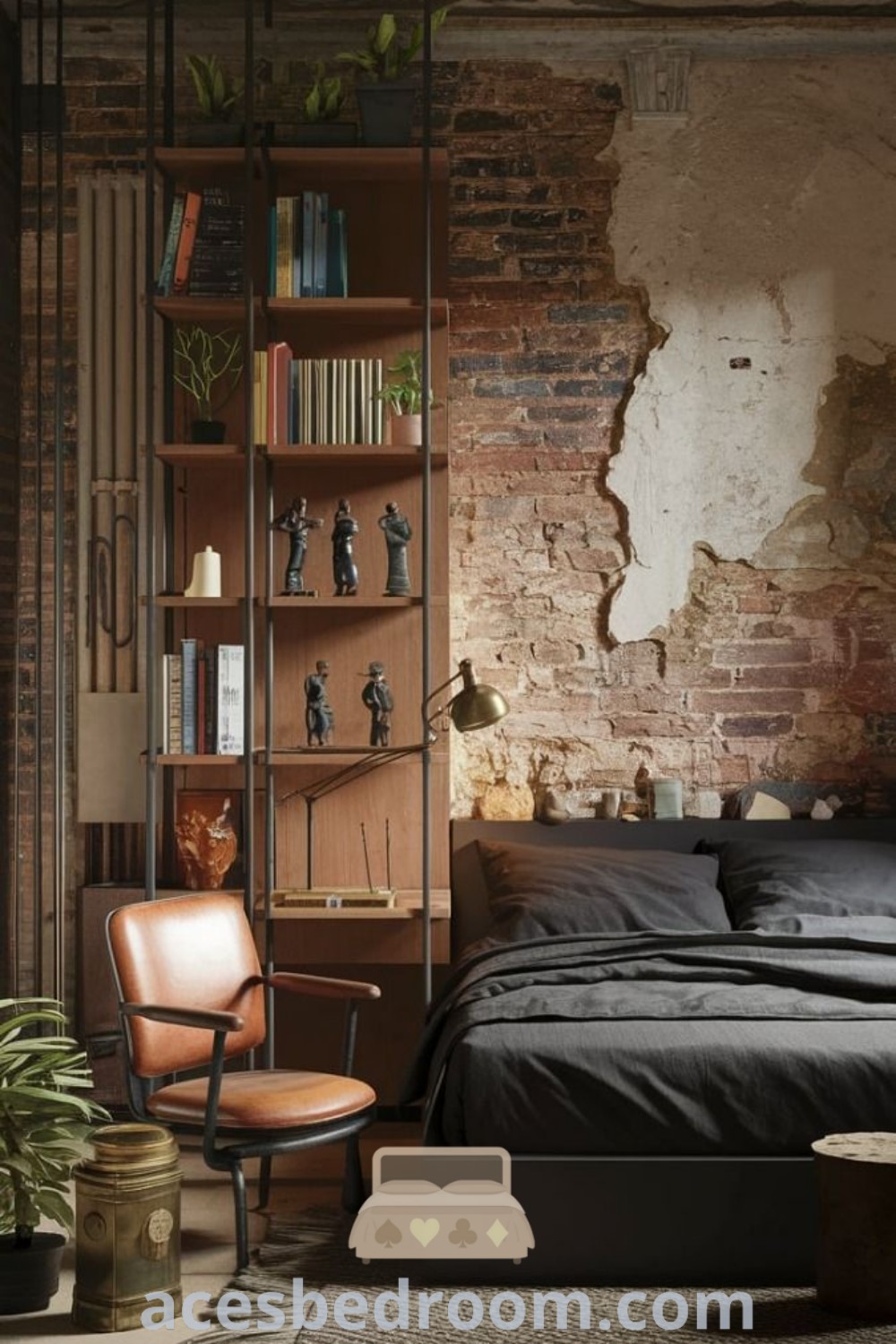 An industrial bedroom featuring brick walls, a large bed, and furniture in the corner, showcasing men