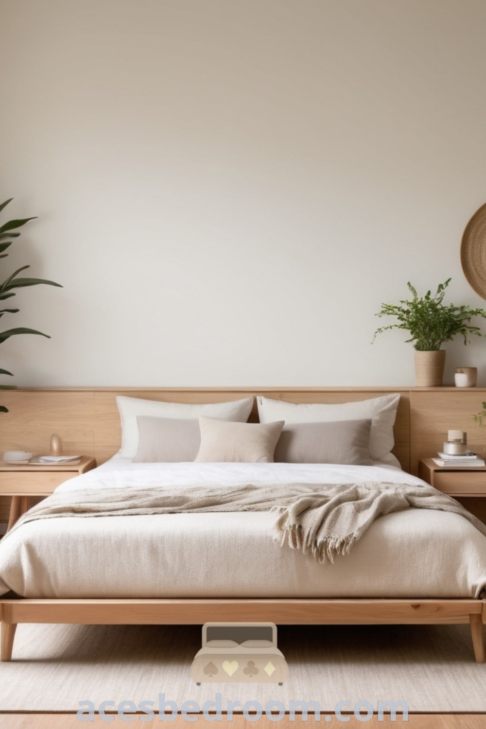 A serene Muji style bedroom with a bed adjacent to two potted plants, showcasing a cozy aesthetic with natural wood finishes and plush rugs. This neutral room design offers inspiring ideas for a tranquil bedroom sanctuary. Explore more unique decor inspirations at acesbedroom.com.