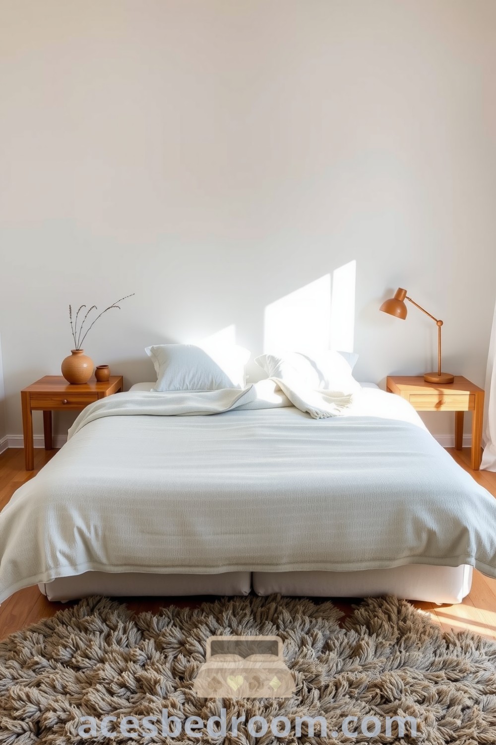Cozy Japandi bedroom featuring soft white walls, warm wood accents, a minimalist bed with a linen duvet, handcrafted side tables, and a plush rug, designed for tranquility and elegance, showcased on acesbedroom.com.