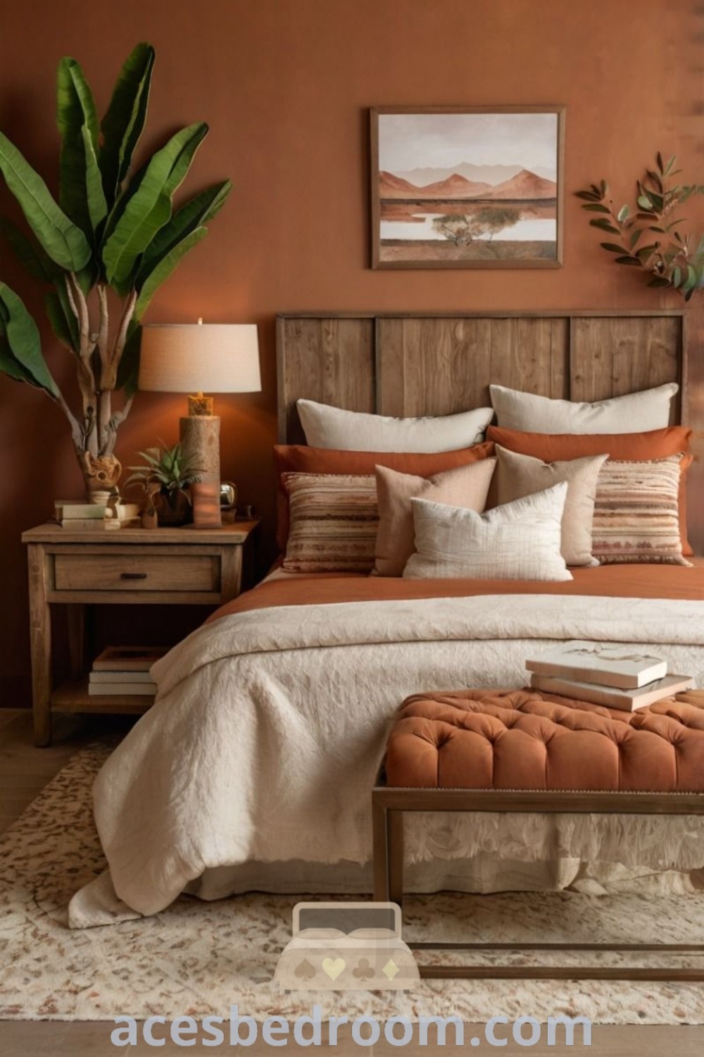 A cozy bedroom with an orange wall, white bedding, and brown accents, complemented by a plant in the corner. This rustic orange bed setup showcases autumn color palette ideas and offers unique decor inspirations for a welcoming space, perfect for those seeking stylish designs at acesbedroom.com.