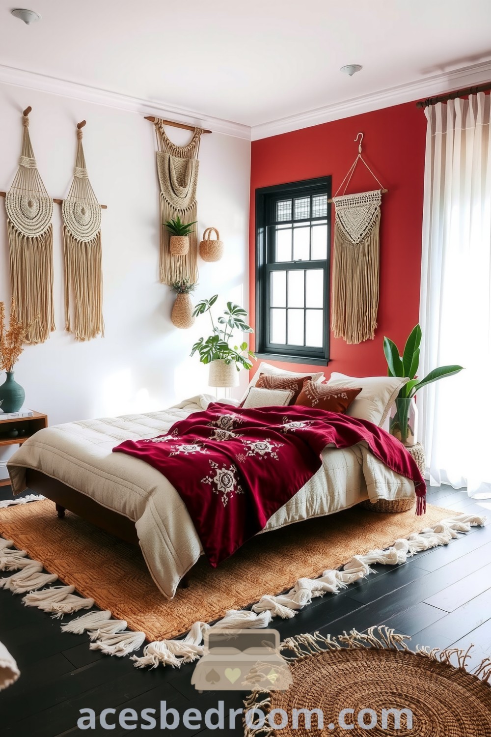 Cozy boho bedroom featuring deep red accents, layered textiles, macramé hangings, woven rugs, and vibrant plants, showcasing a warm and inviting atmosphere, ideal for relaxation and personal expression, found on acesbedroom.com.
