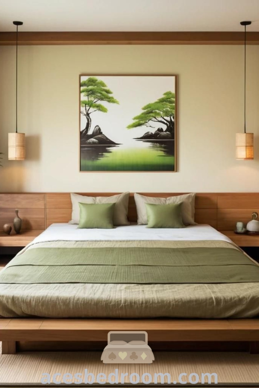 A stylish Asian platform bed under a painting in a wooden-themed bedroom, showcasing cozy inspirations with a tatami design, perfect for a Japanese style modern aesthetic. Explore more unique ideas for a warm and sophisticated look at acesbedroom.com.