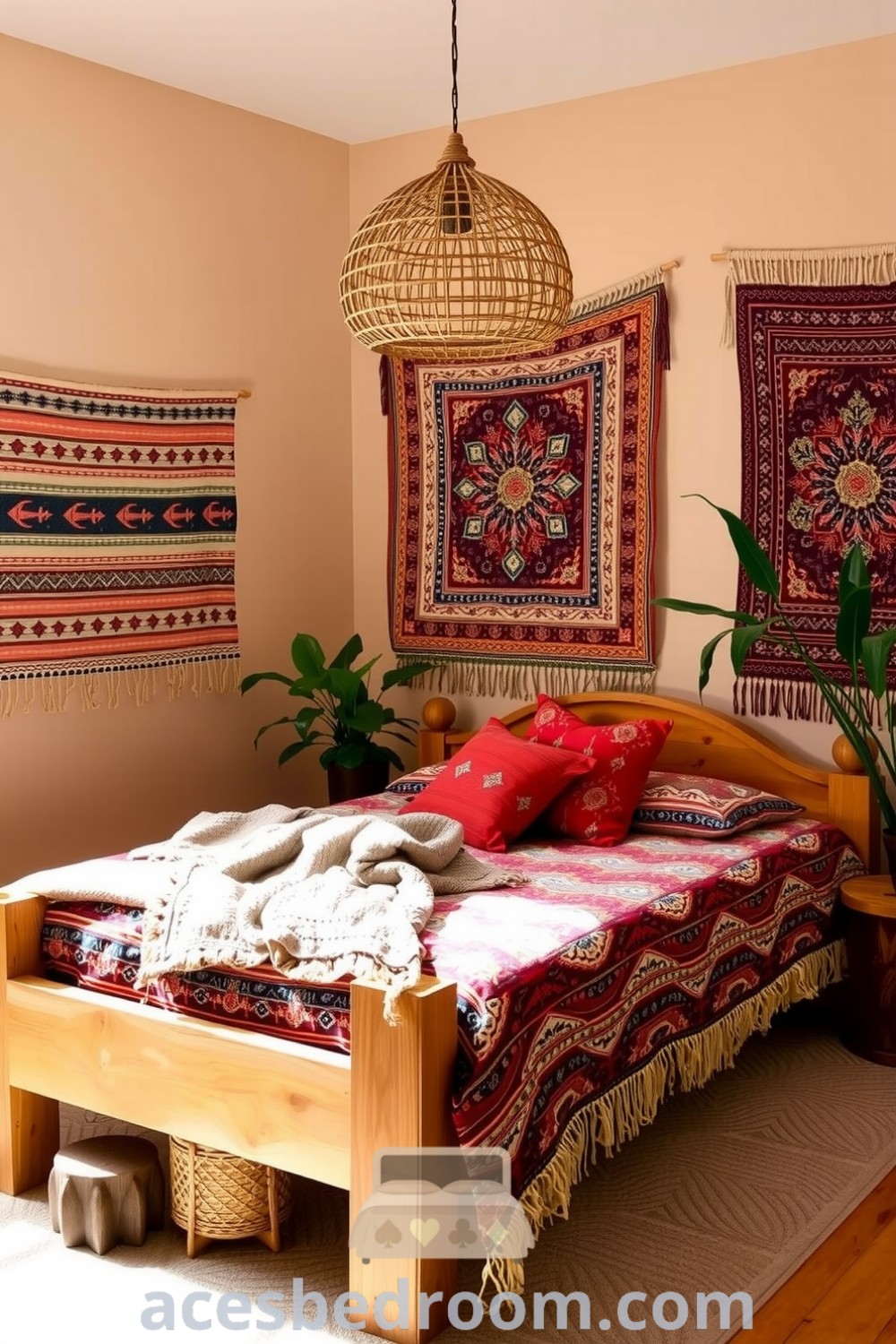 Cozy boho bedroom featuring beige walls with woven tapestries, a handcrafted wooden bed with vibrant cushions, a rattan pendant light, and potted plants, providing inspiring decor ideas for a warm and sophisticated look, displayed on acesbedroom.com.