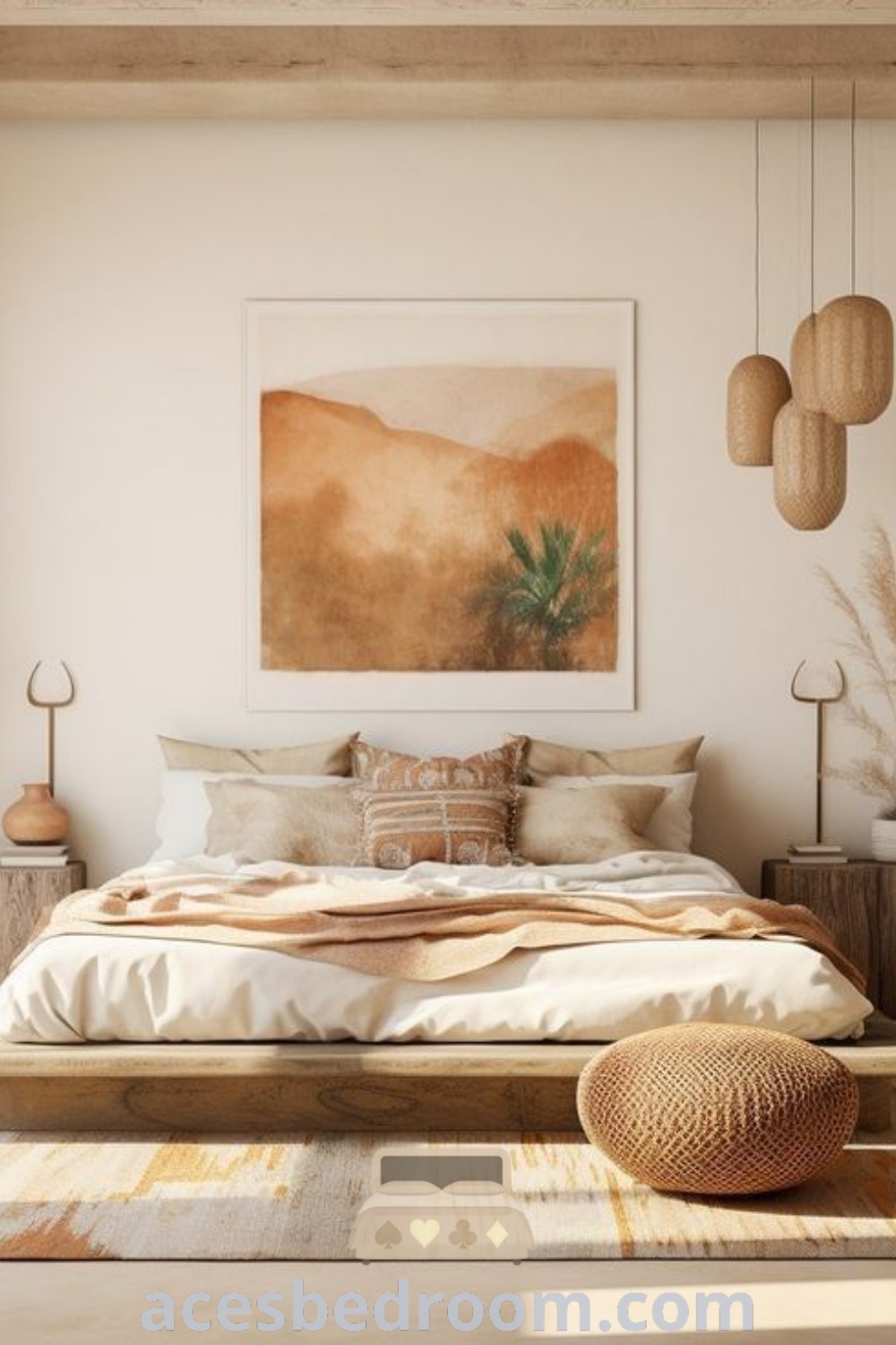 A modern Mediterranean bedroom showcasing a large bed, wooden floor, and a beautiful painting, exemplifying Japandi bedroom ideas and elegant bedroom decor for a cozy home ambiance. Explore unique design inspirations at acesbedroom.com.