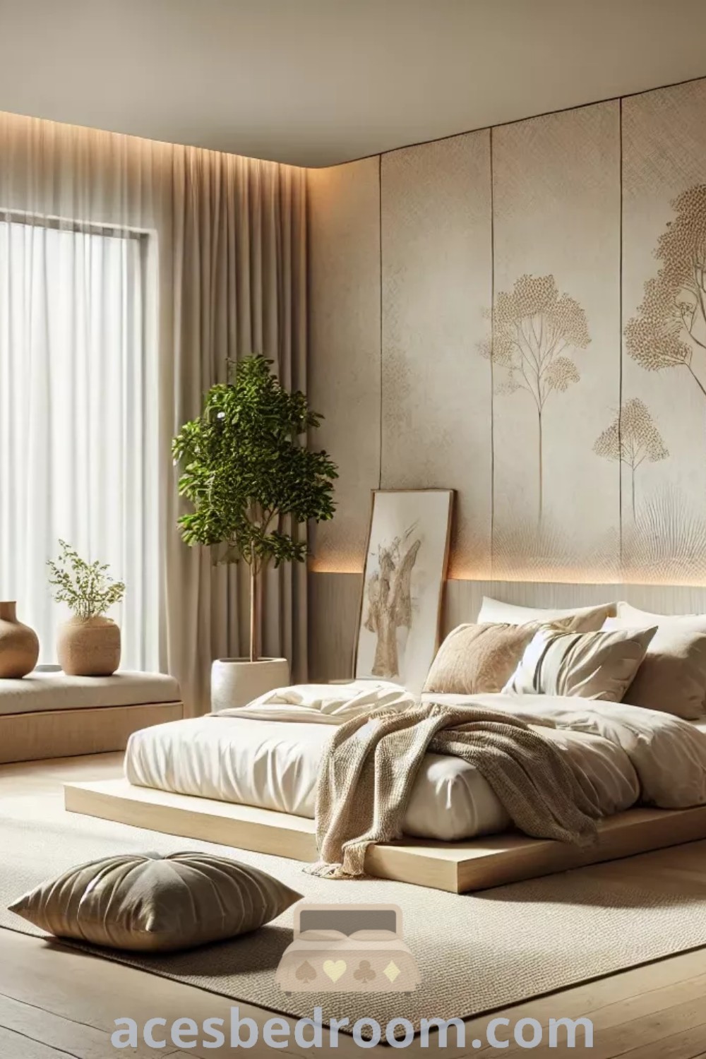 A cozy Japandi minimalist bedroom with a large bed next to a window, showcasing wooden floors and walls. This tranquil parents