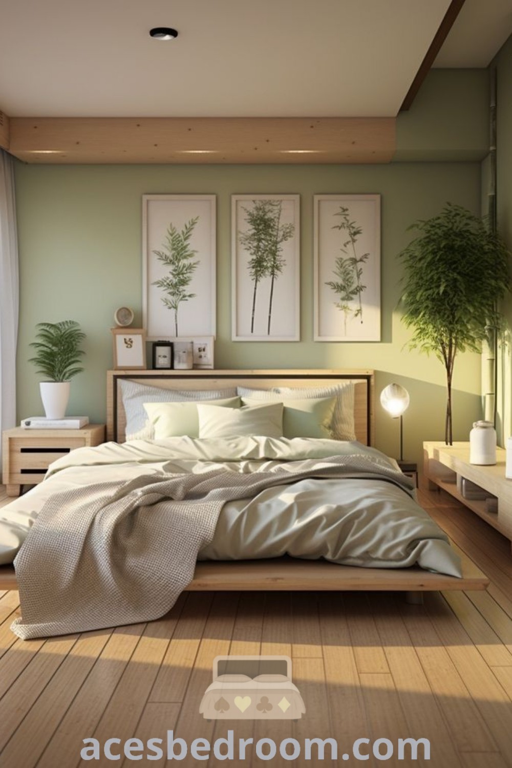A serene bedroom with wood flooring, green walls, and a bed adorned with white sheets. The design reflects modern Japanese decor, featuring bamboo-inspired elements and a cozy aesthetic. Discover unique ideas for a tranquil space at acesbedroom.com.