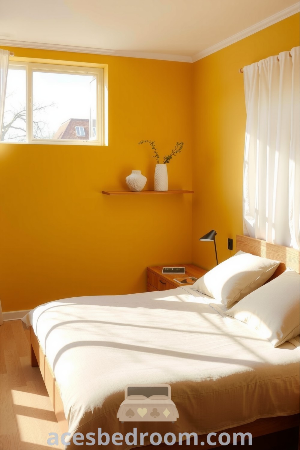 Cozy Japandi bedroom with warm yellow accent walls, a minimalist wooden bed frame, textured duvet, floating shelves with ceramic vases and greenery, and sheer draped curtains, offering design ideas for a warm and sophisticated look, showcased on acesbedroom.com.