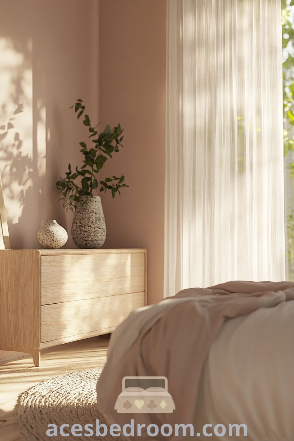 Cozy Scandinavian bedroom featuring soft pink walls, light wooden floor, a low-profile bed with cream and blush bedding, and a wooden dresser with natural decor elements, illuminated by sunlight through sheer curtains, offering design ideas for a warm and sophisticated look, showcased on acesbedroom.com.