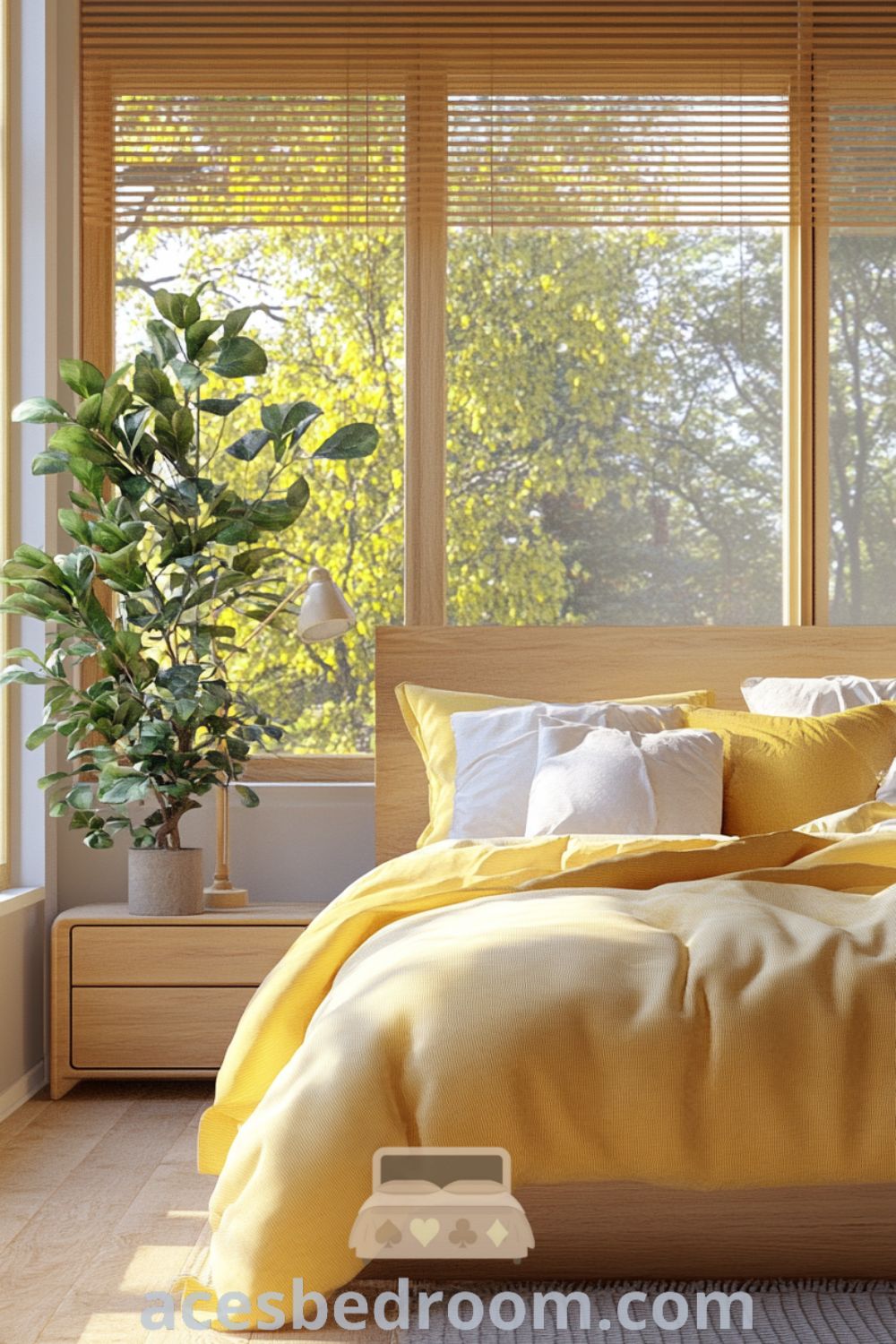 Cozy Scandinavian bedroom with cheerful yellow accents, light wood details, and soft textured linens, featuring a minimalist nightstand and large windows that create a warm ambiance, showcased on acesbedroom.com.