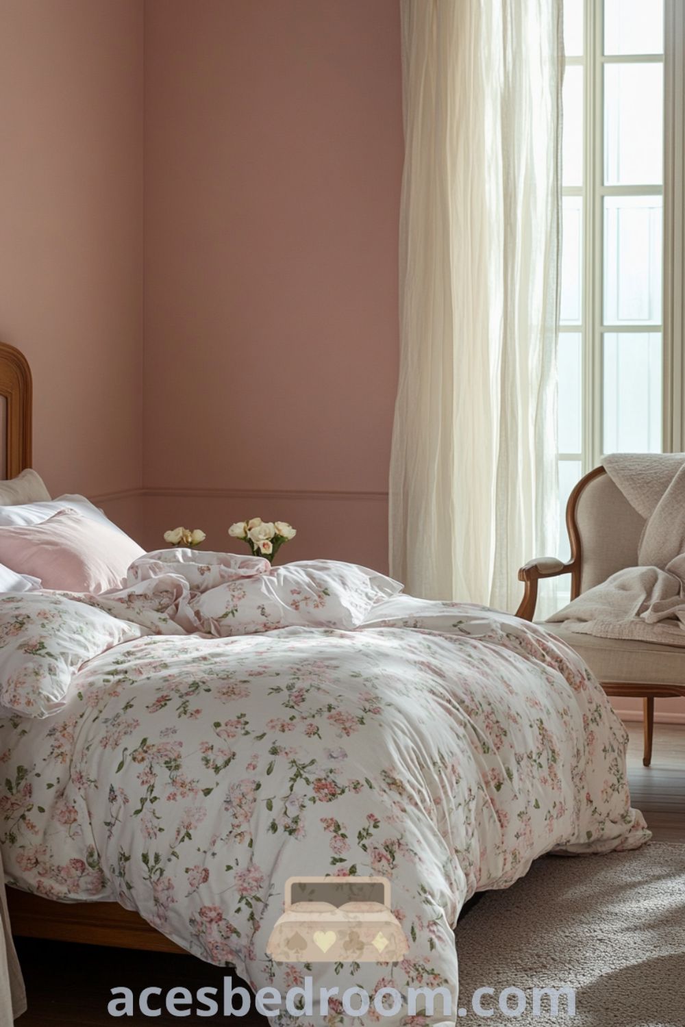 Cozy French country bedroom with soft pink walls, aged oak furniture, a floral duvet, and a vintage linen armchair, featuring natural light and sheer curtains for a warm and inviting atmosphere, showcased on acesbedroom.com.