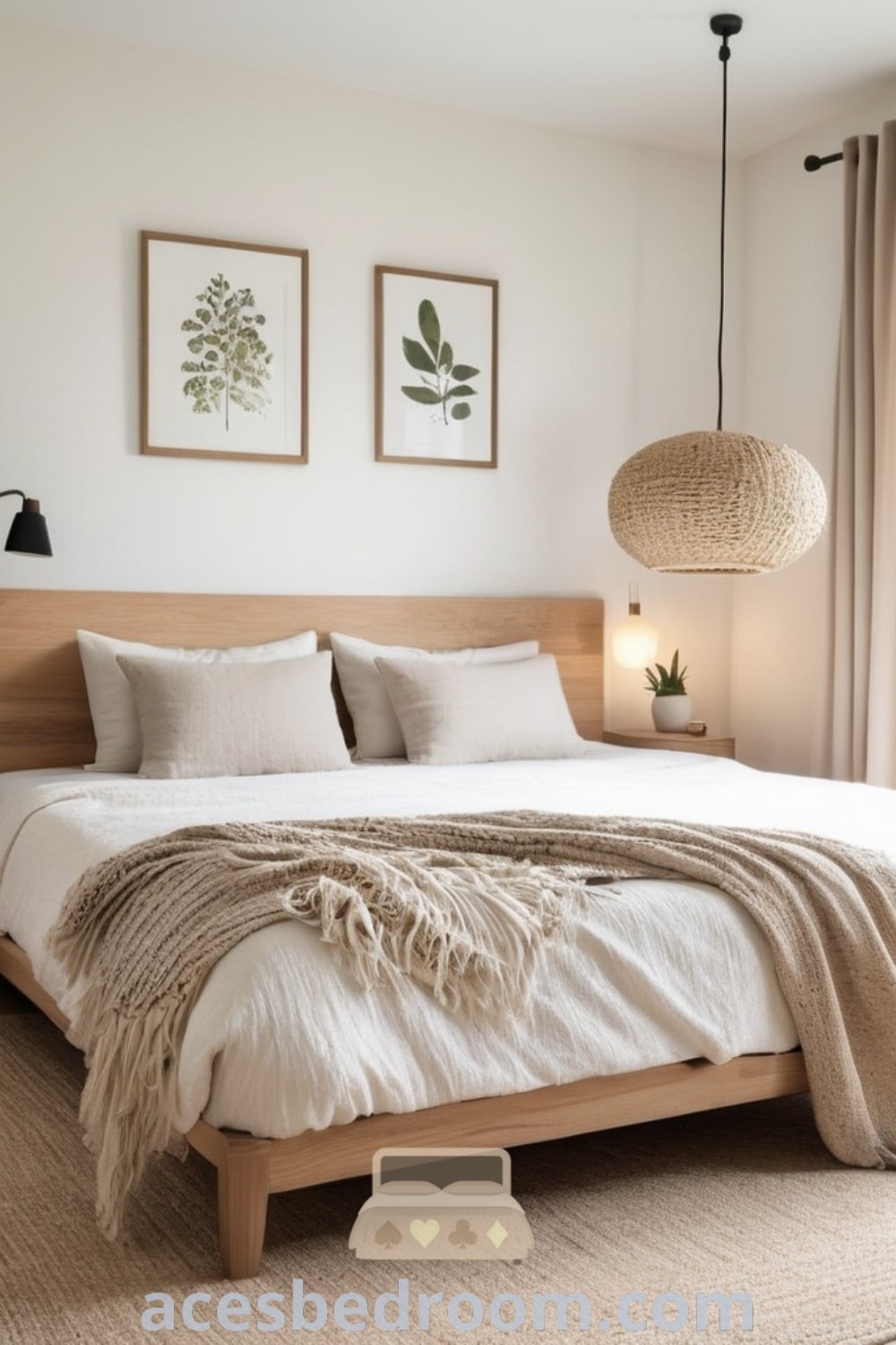 A minimalist bedroom with a bed, plant, and wall pictures, showcasing cozy design ideas for small spaces. This very minimalist bedroom reflects a boho aesthetic, offering unique inspirations for a warm and sophisticated look. Explore more decorating ideas at acesbedroom.com.