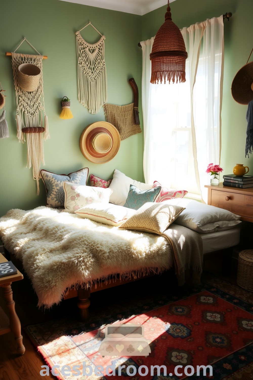 Cozy boho bedroom featuring soft green walls, macramé hangings, a low wooden bed with textured pillows, and vibrant vintage rugs, creating a warm and inviting atmosphere, showcased on acesbedroom.com.