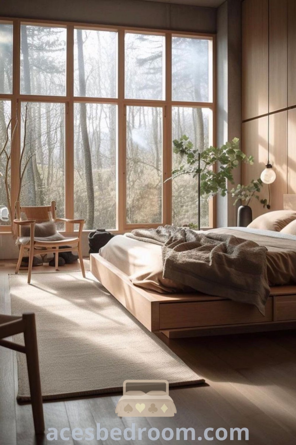 A cozy Japandi bedroom featuring a large bed next to abundant windows, showcasing modern Japanese apartment style and decor ideas for a warm and sophisticated look. Enhance your space with inspiring design tips and cozy aesthetics at acesbedroom.com.