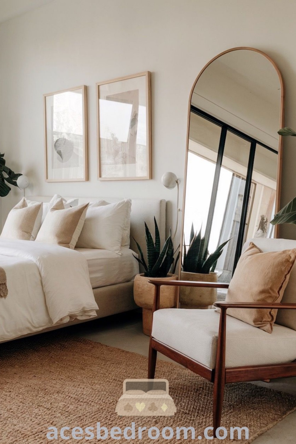 A stylish neutral bedroom featuring a cozy bed, mirror, and chair as centerpieces, embodying the Farmhouse Scandinavian aesthetic. This space embraces earth tones for a clean and inviting atmosphere, offering decor inspirations from acesbedroom.com that enhance your home’s serenity and style.