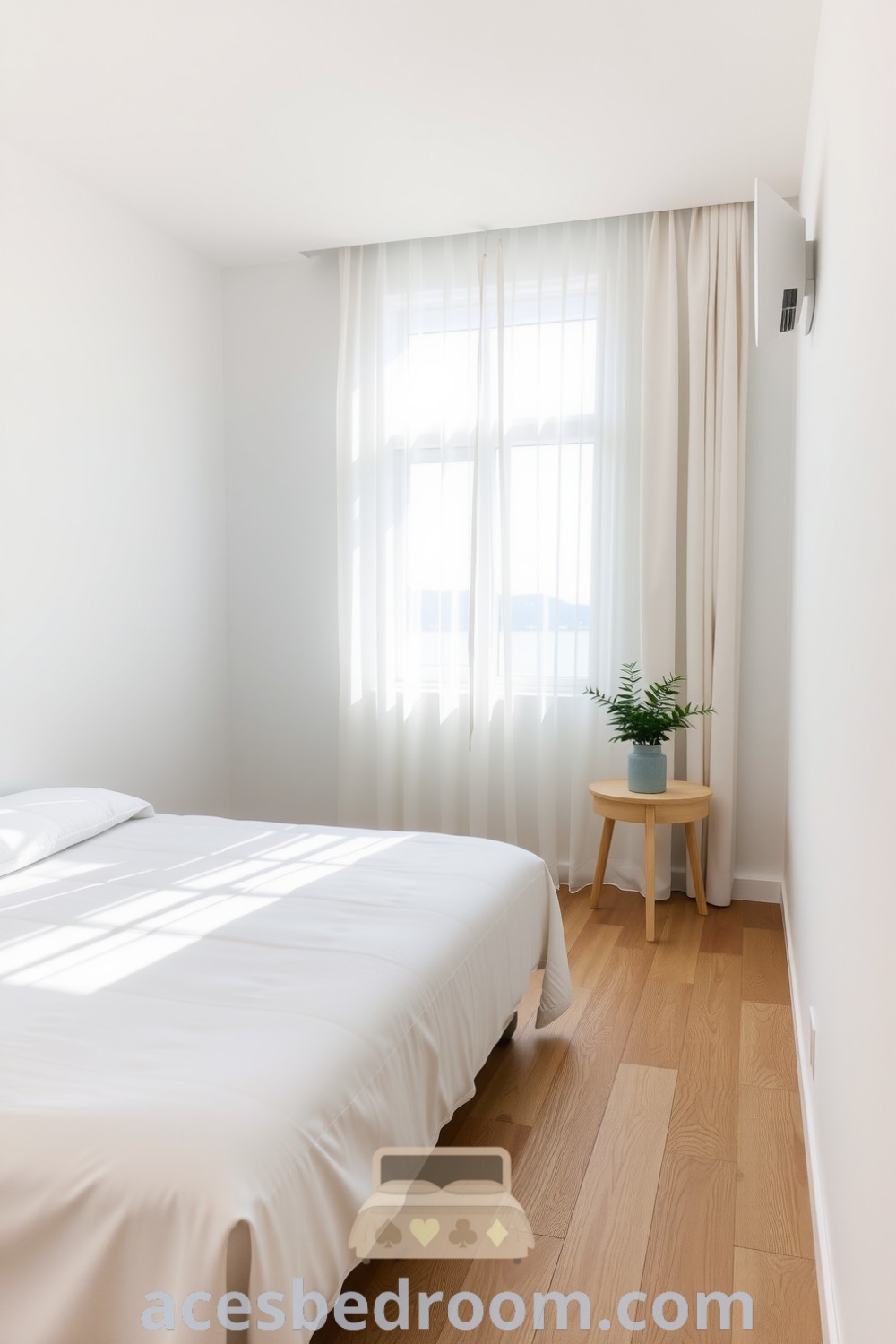 Cozy minimalist bedroom with white walls, natural wooden flooring, soft white linens, and a potted plant on a bedside table, showcasing design ideas for a tranquil space, featured on acesbedroom.com.