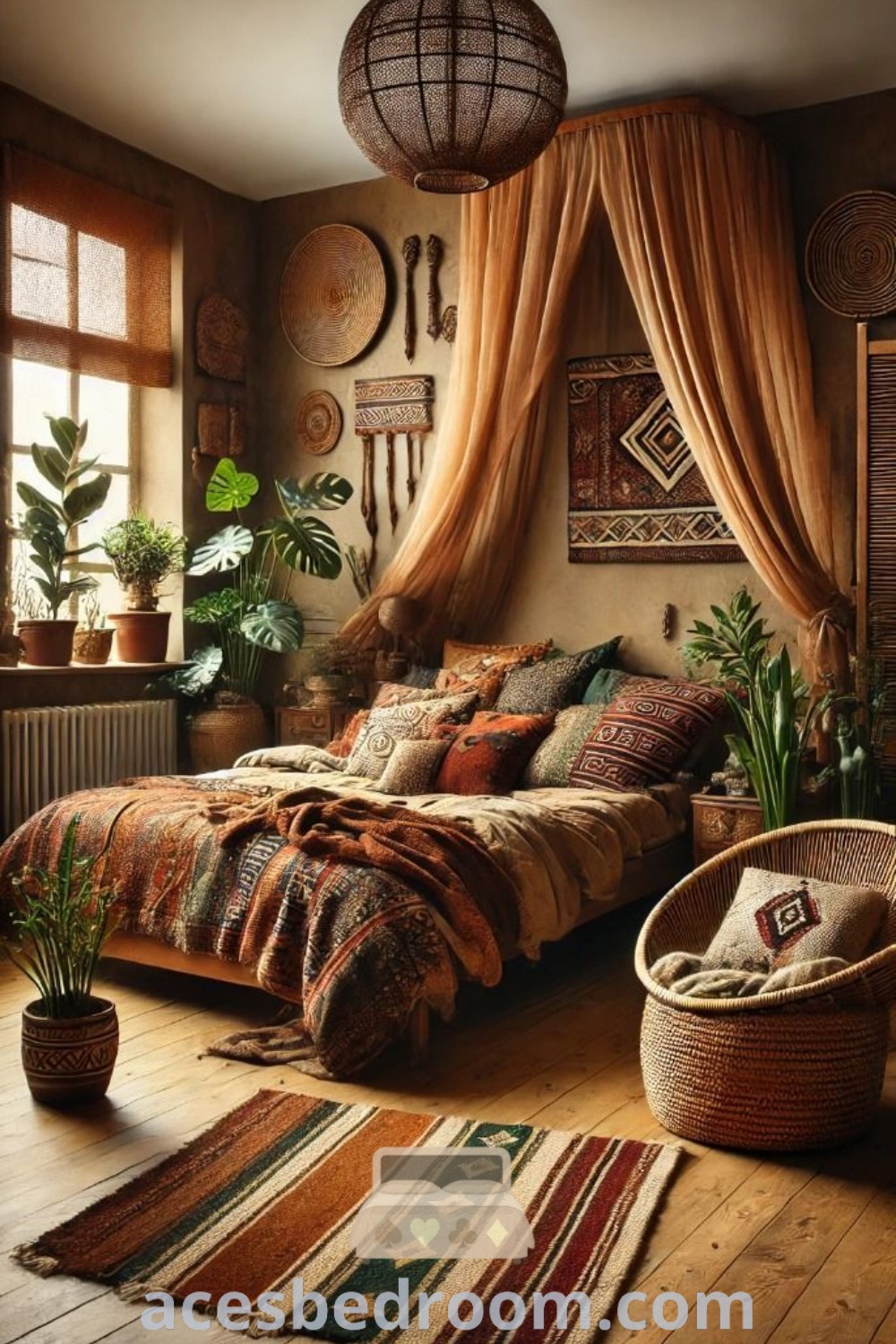A cozy and inviting bedroom featuring a neatly made bed and rugs, showcasing Afro Bohemian style decor and ethnic design inspirations. This earth-toned bedroom embodies design ideas that create a warm atmosphere, providing unique ideas for inspiration at acesbedroom.com.