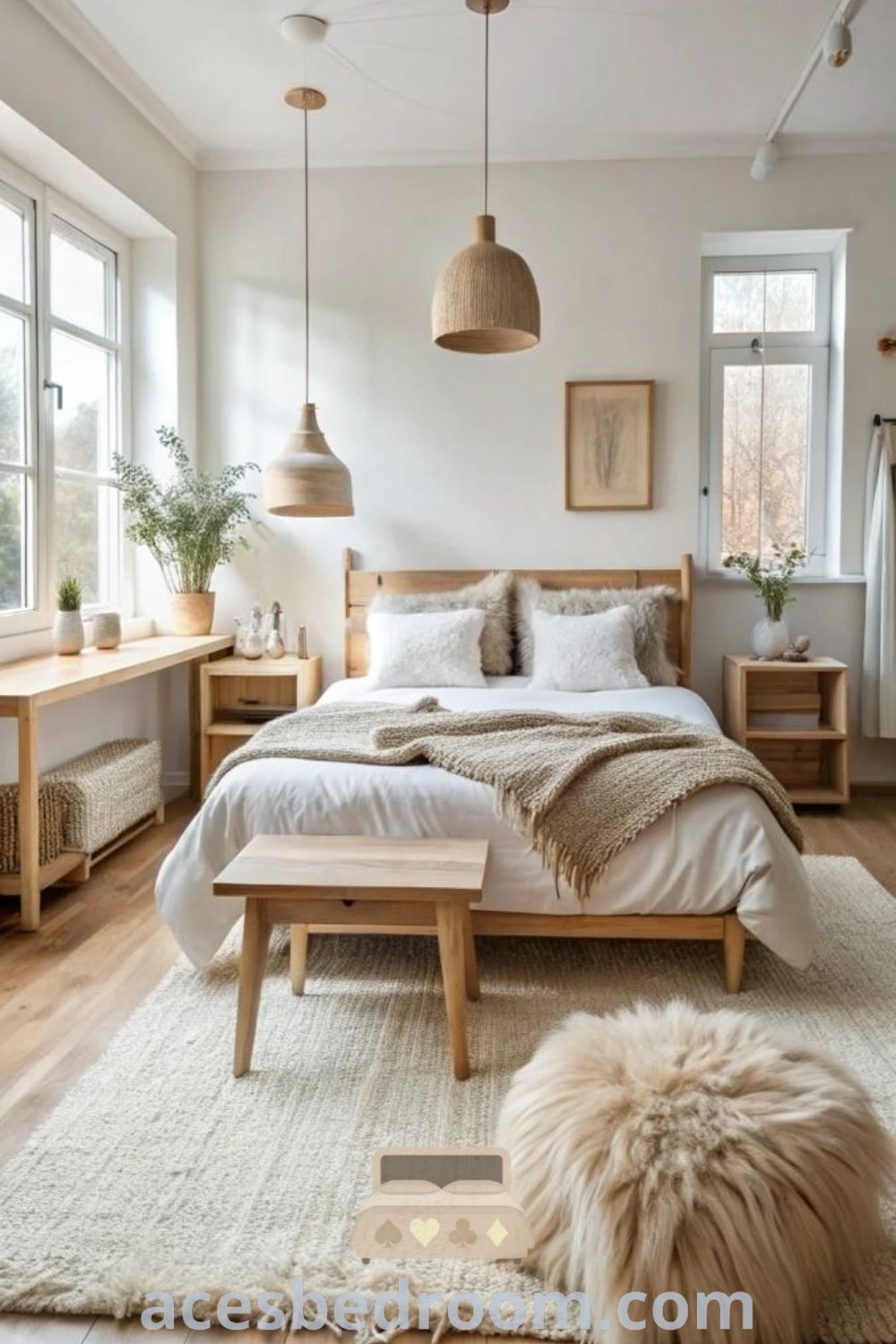 A Scandinavian bedroom featuring a neatly made bed with wood furniture, two tables in front of the window, embodying cozy design ideas and neutral tones for an inviting atmosphere. Explore more inspiring decor ideas at acesbedroom.com.