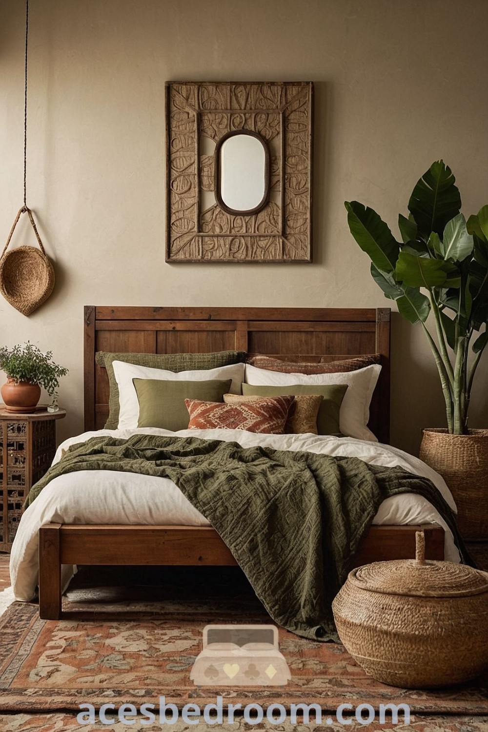 A serene bedroom featuring a wood bed aesthetic, earthy tones, green linen bedding, rugs, and potted plants, showcasing cozy boho vintage decor inspirations. Discover trendy ideas for stylish, calming spaces at acesbedroom.com.