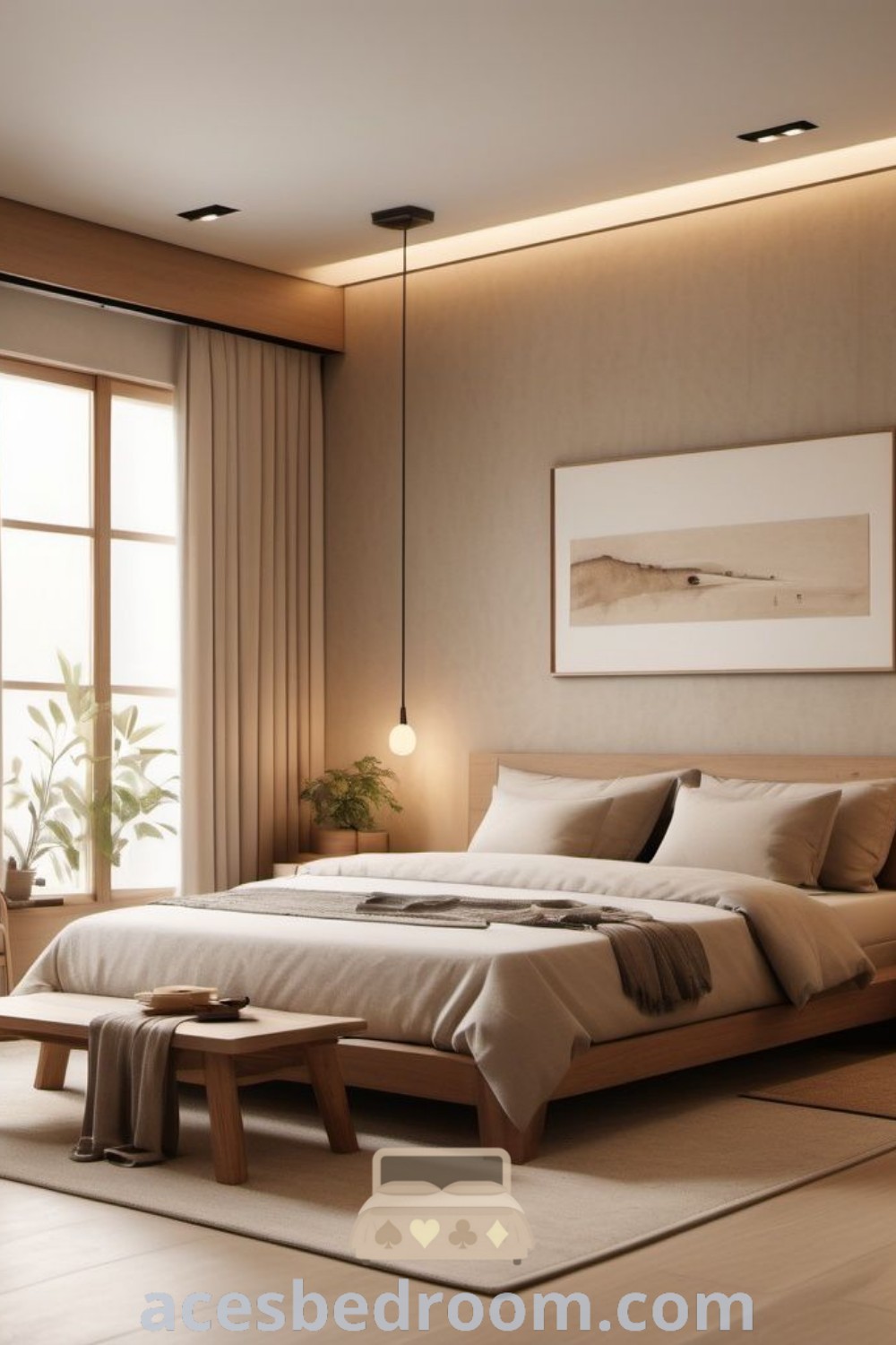 A spacious Japandi modern bedroom with a large bed on a hardwood floor next to a window, showcasing minimalist design that emphasizes comfort and tranquility. This cozy interior features design ideas from acesbedroom.com, perfect for those seeking stylish and inspiring bedroom inspirations.