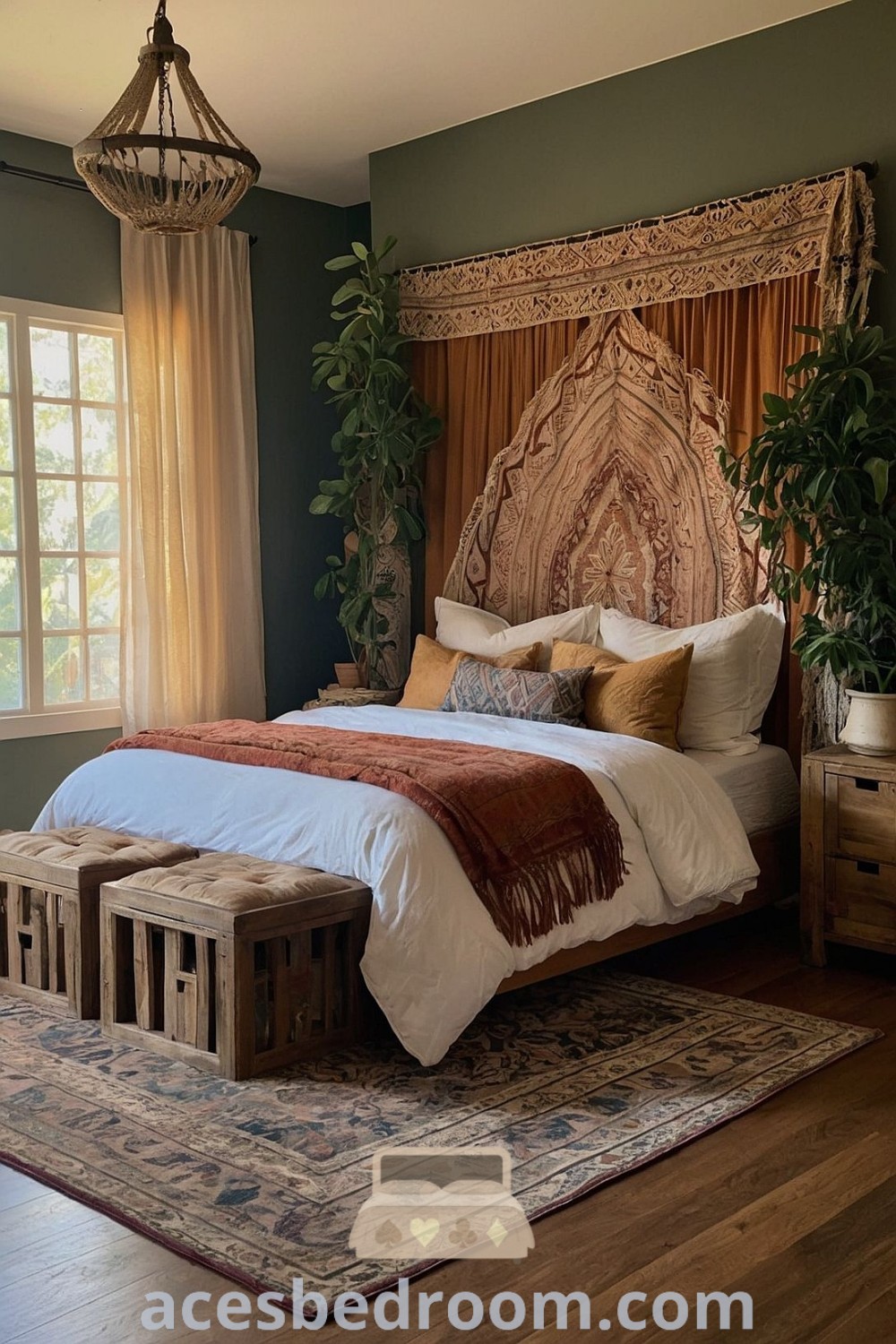 A cozy Spanish farmhouse bedroom showcasing a large bed, wooden furniture, and a window that invites natural light. This space embodies Spanish interior design with its warm colors and rustic elements, offering trendy decor ideas for a comfortable home. Explore more inspiring ideas at acesbedroom.com.