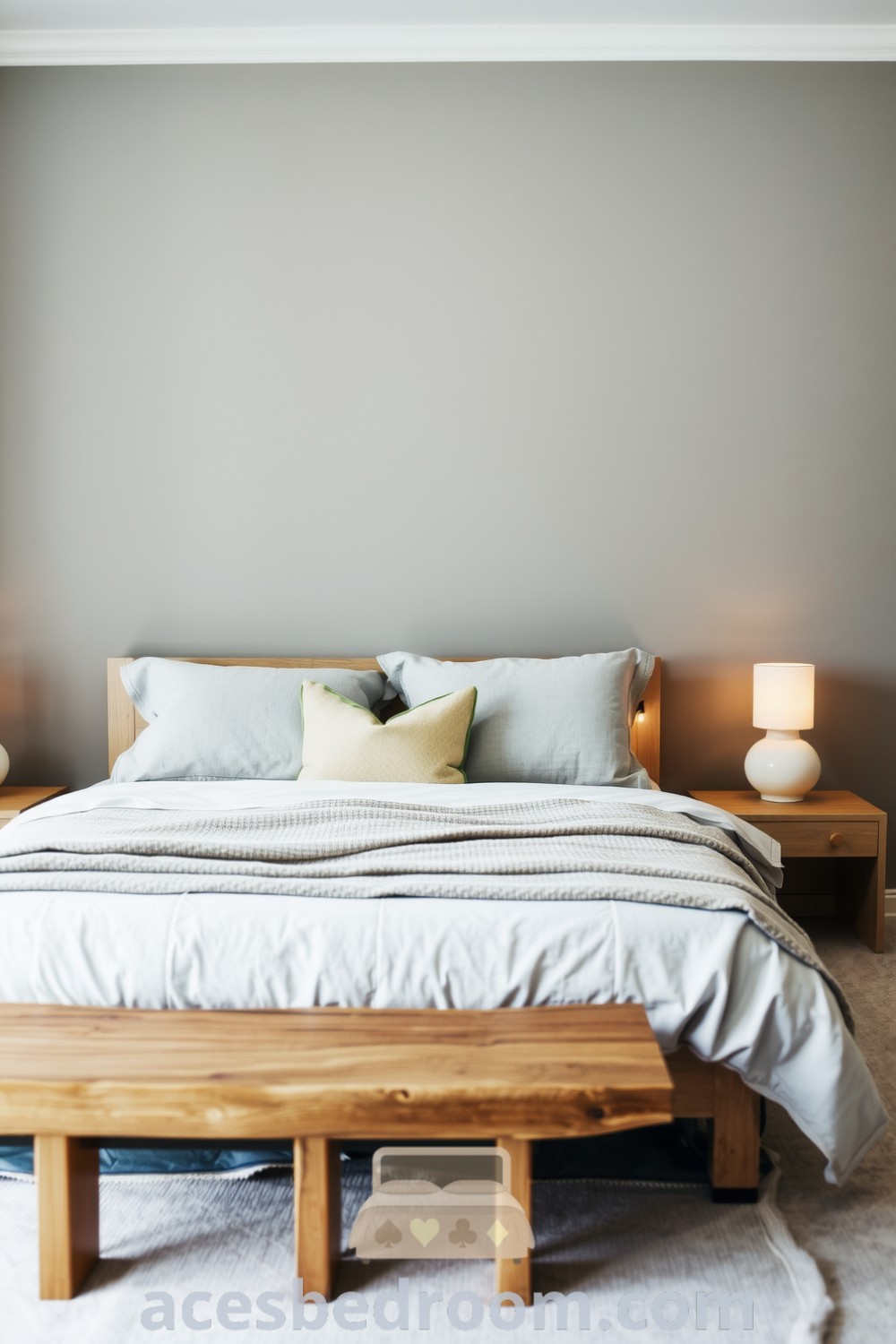 Cozy Japandi bedroom featuring grey palette, natural wood accents, textured linen pillows, quilted coverlet, rustic wooden bench, and minimalistic bedside tables with ceramic lamps, creating a warm and inviting atmosphere, showcased on acesbedroom.com.