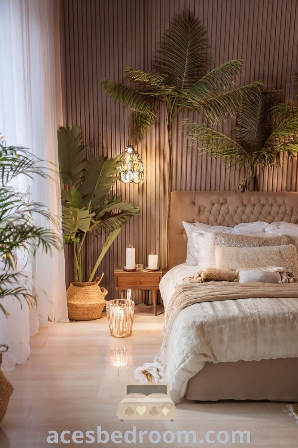 A cozy bedroom featuring palm trees in the corner, capturing the essence of a tropical aesthetic. This palm tree in bedroom design reflects stylish decor ideas and inspirations for a neutral tropical bedroom, showcasing designs from acesbedroom.com that will instantly calm your mind.