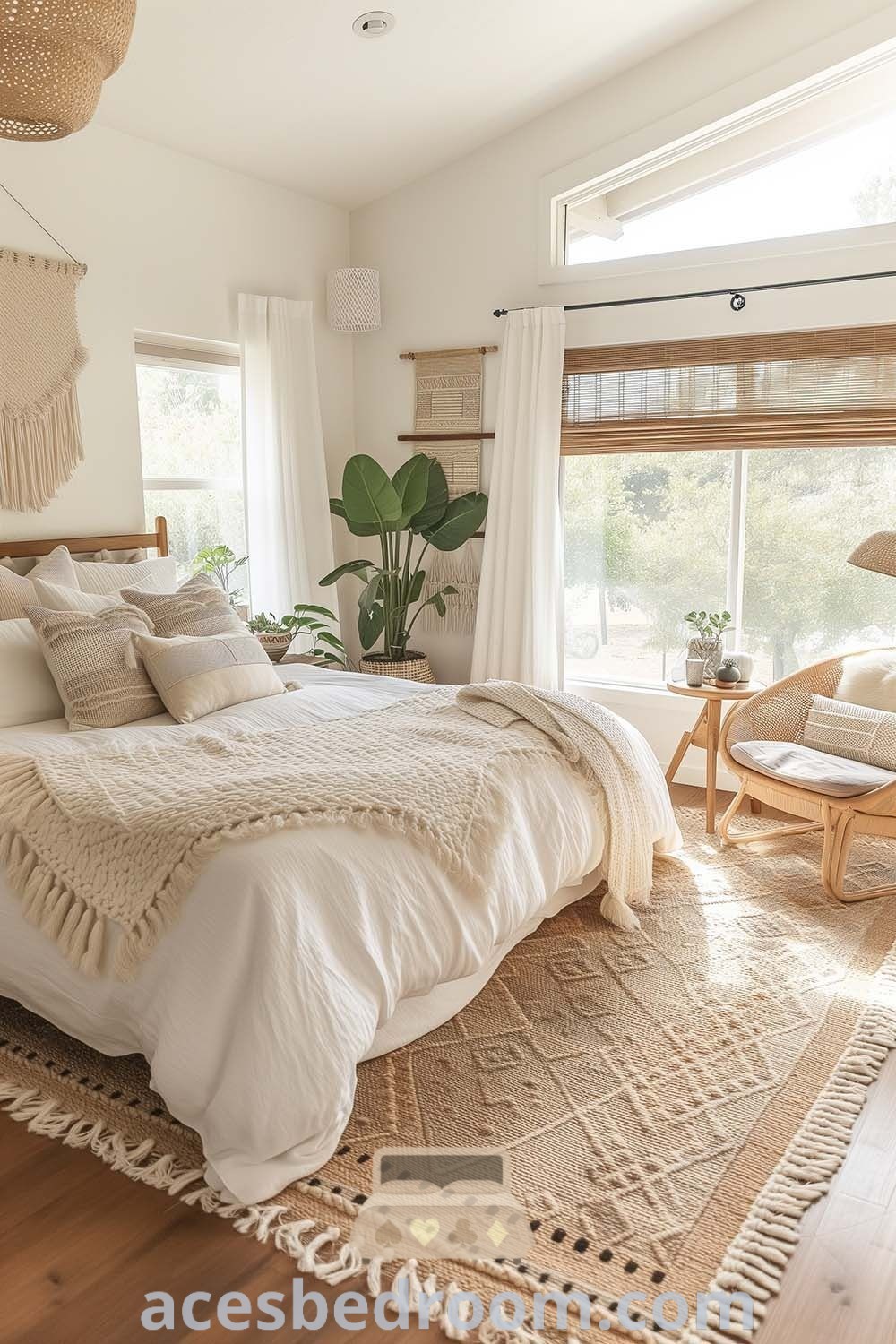 A cozy boho bedroom featuring a large bed against a wall next to a window and on a wooden floor, illustrating chic decor ideas and inspirations for a stylish, sophisticated look. Discover more cozy ideas at acesbedroom.com.
